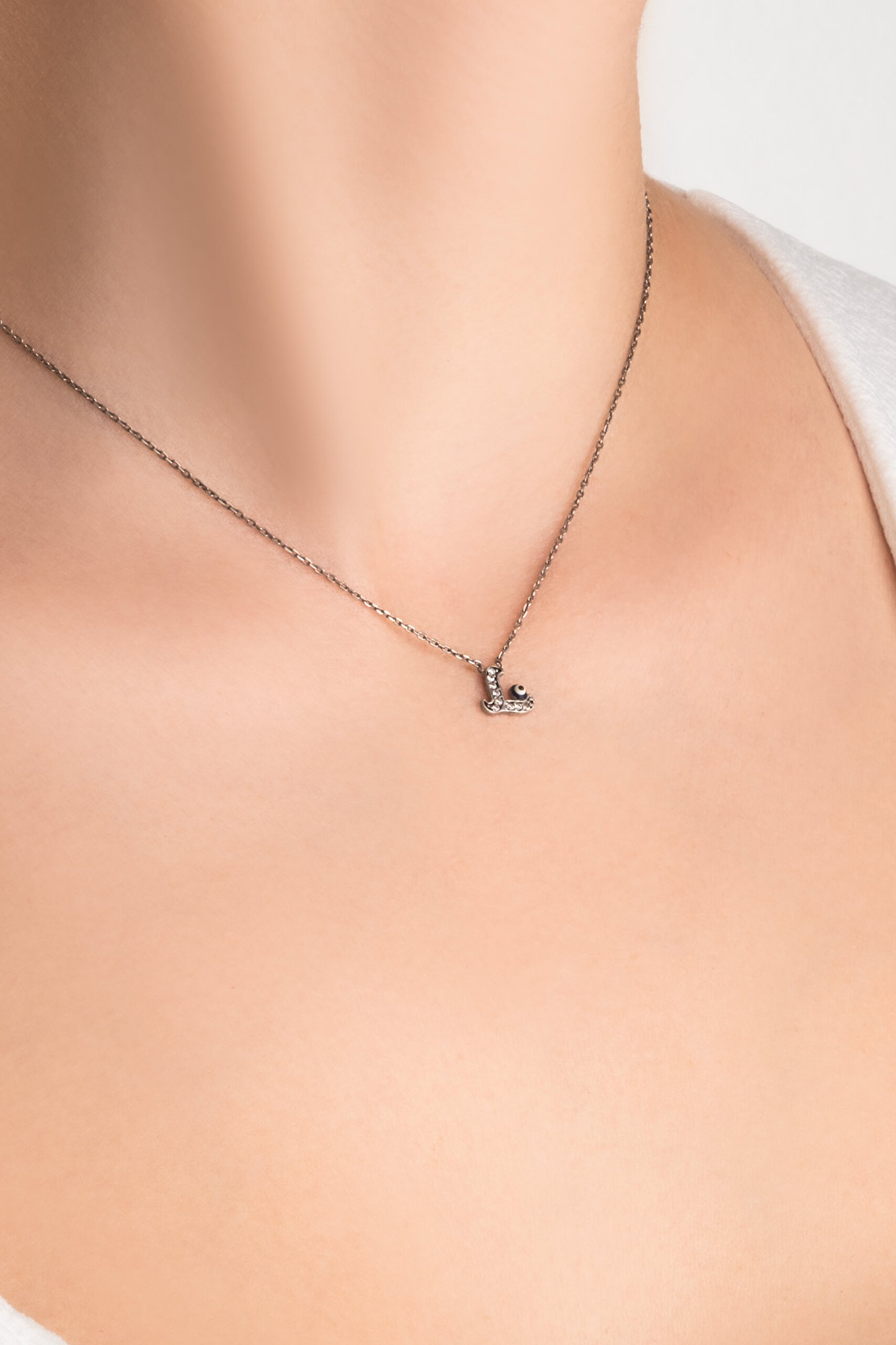 ⁠ L Harfi 18 Ayar Beyaz Altın Kaplama 45 Cm Gümüş Nazar Kolye_4}