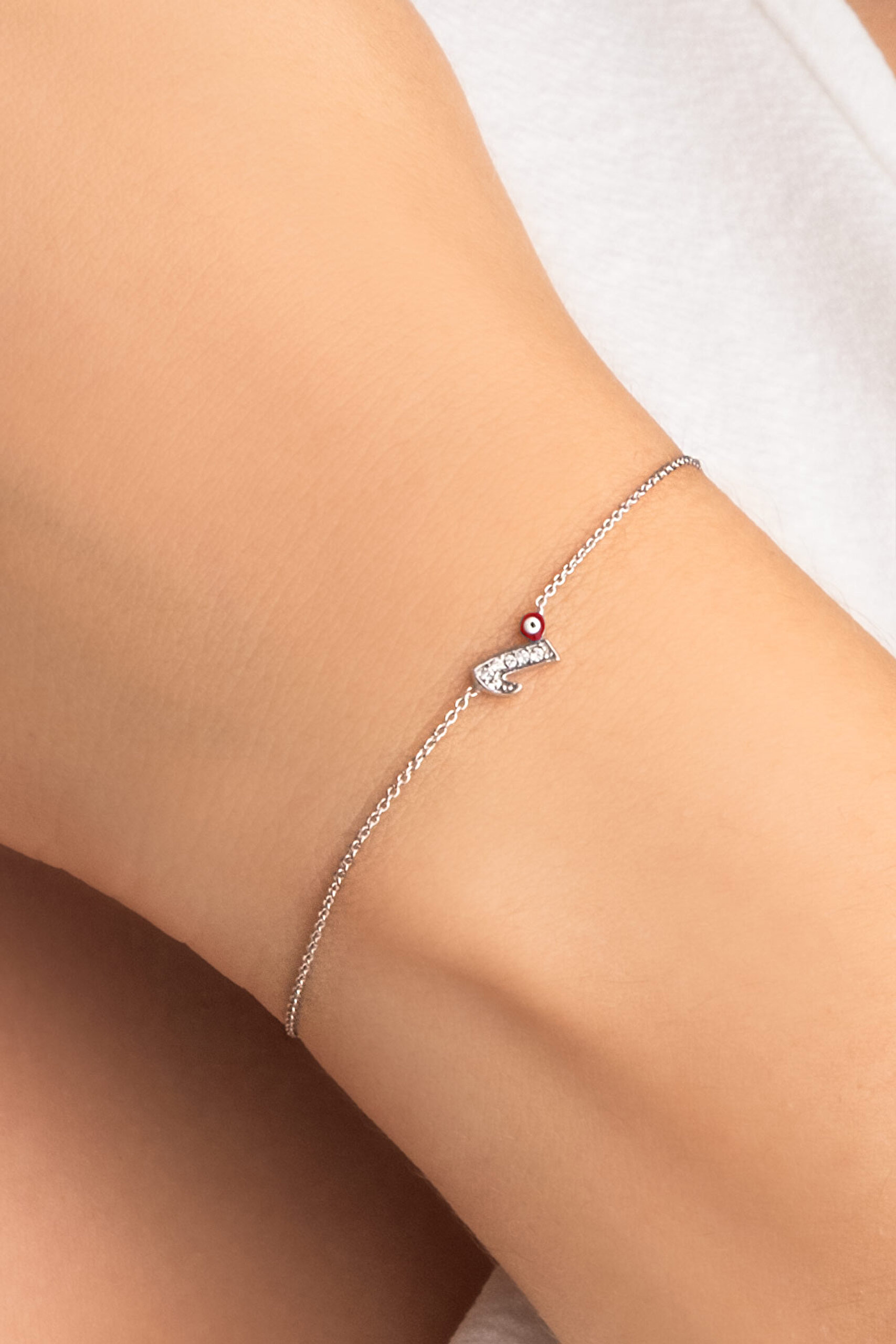 ⁠ I Harfi 18 Ayar Beyaz Altın Kaplama 19 Cm Gümüş Nazar Bileklik_4}