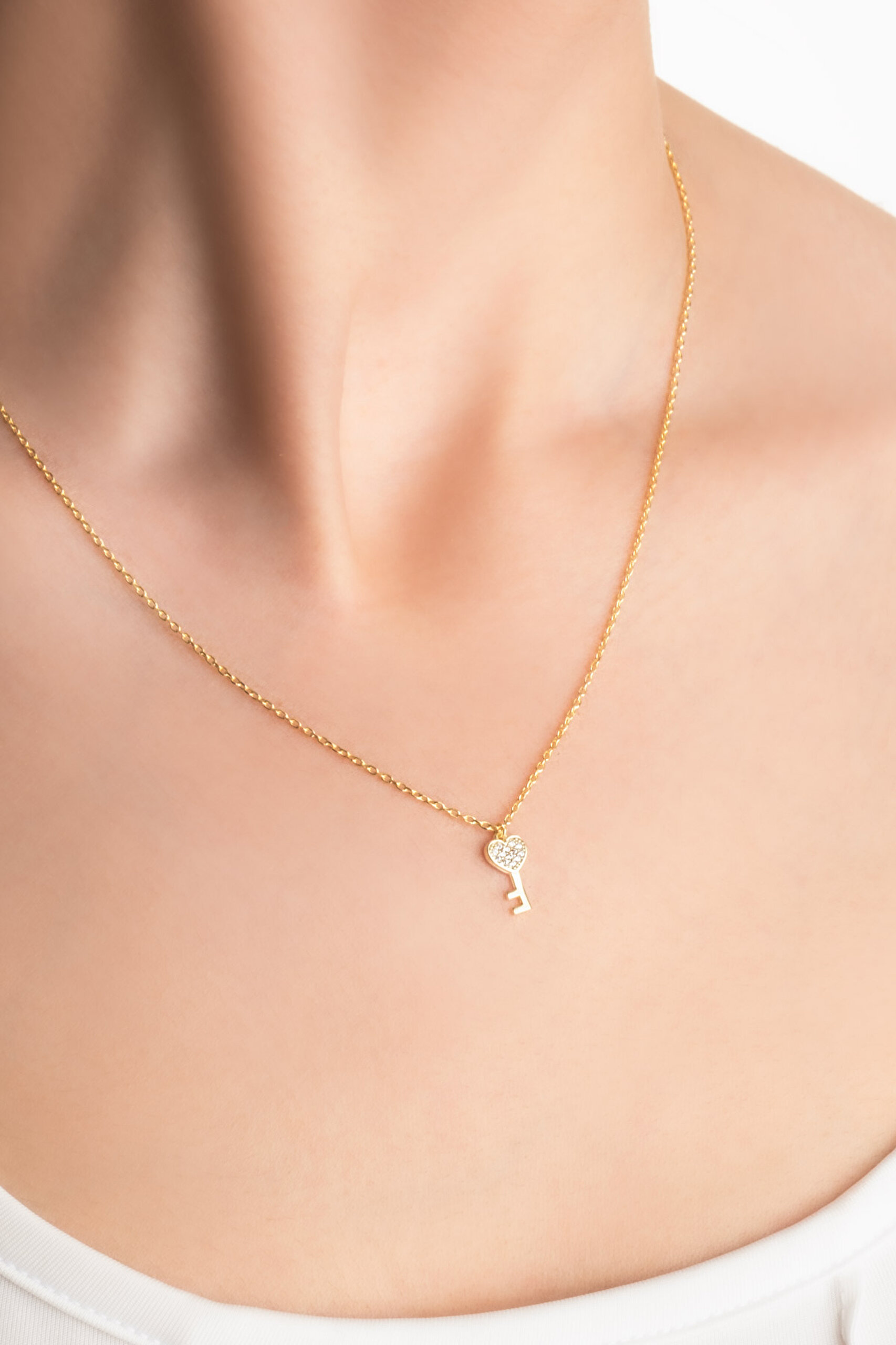 ⁠ Aşk Anahtarı 18 Ayar Sarı Altın Kaplama 45 Cm Gümüş Kolye_1}