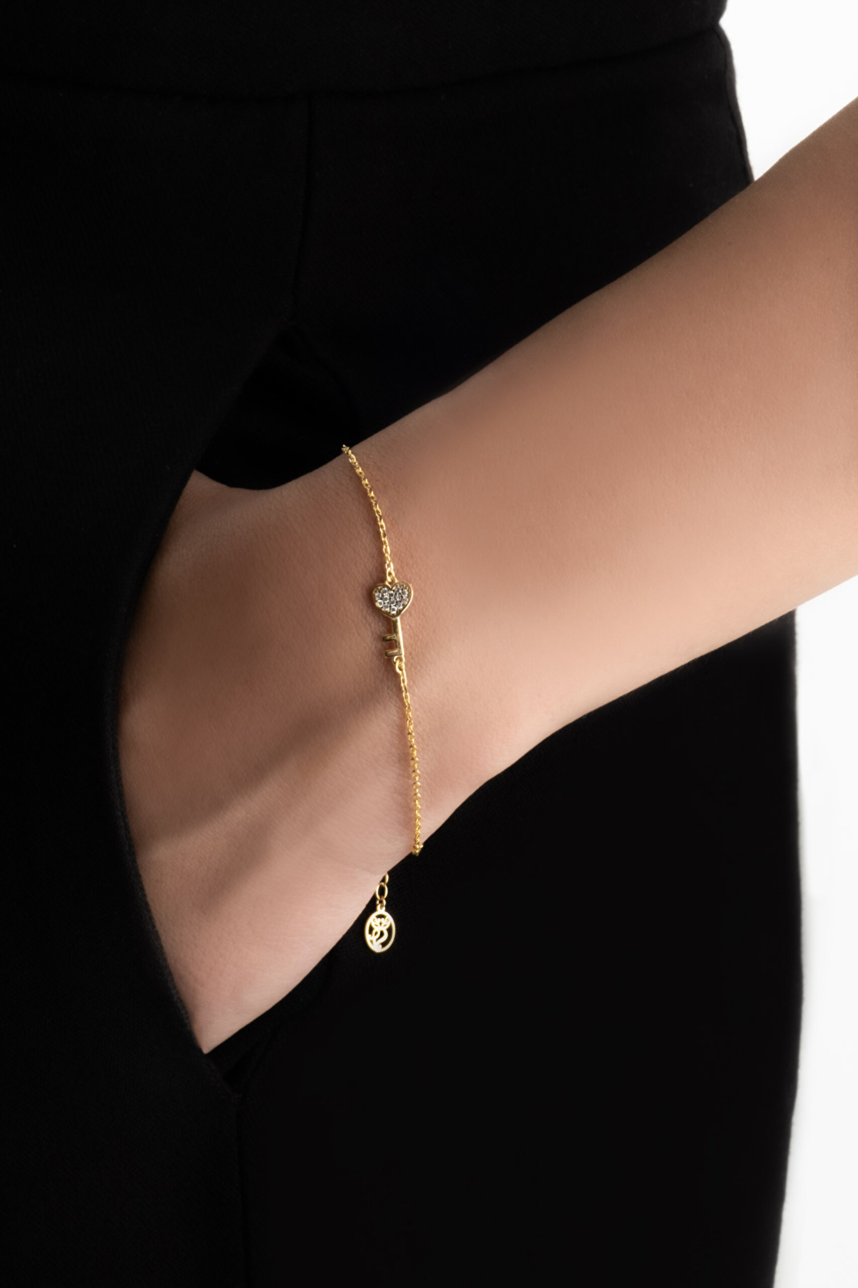 ⁠ Aşk Anahtarı 18 Ayar Sarı Altın Kaplama 19 Cm Gümüş Bileklik_1}