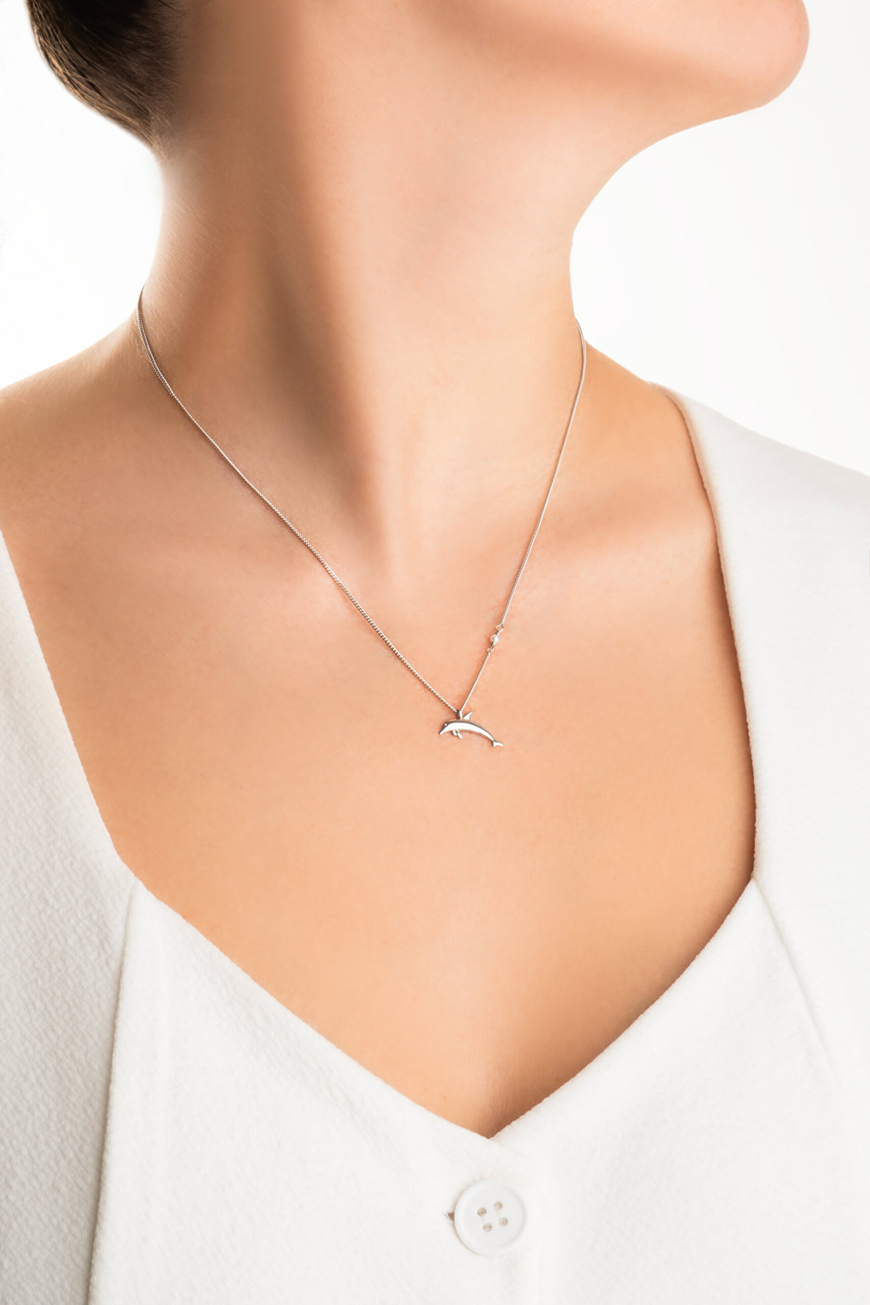 ⁠ Little Dolphin 18 Ayar Beyaz Altın Kaplama 46 Cm Gümüş Kolye_3}