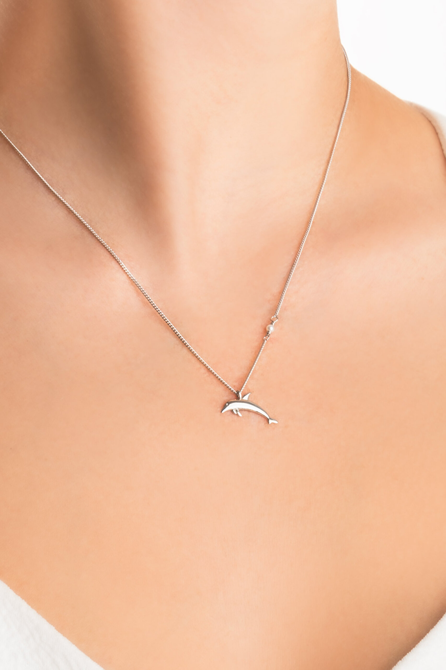 ⁠ Little Dolphin 18 Ayar Beyaz Altın Kaplama 46 Cm Gümüş Kolye_1}