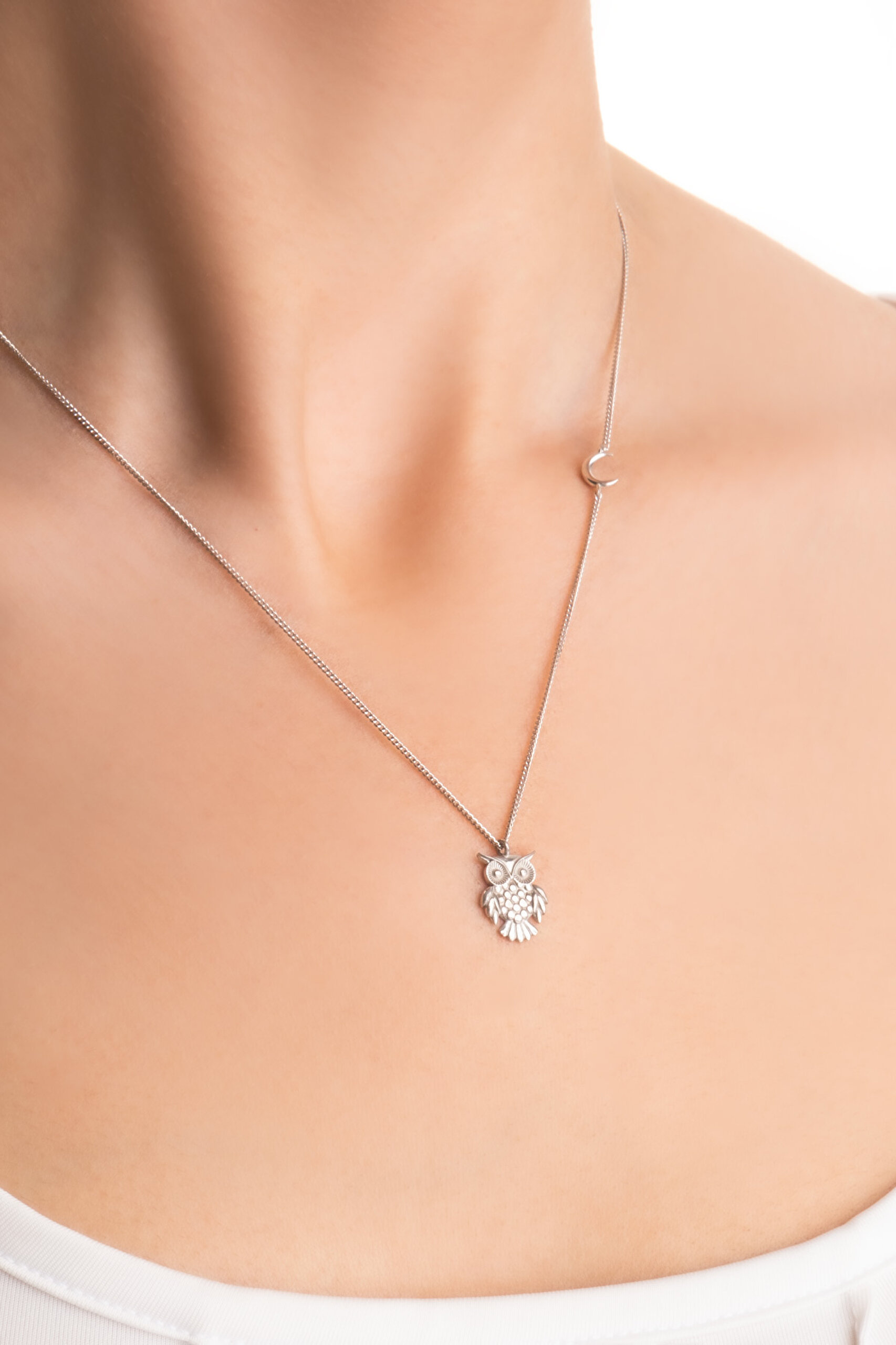 ⁠ Little Owl 18 Ayar Beyaz Altın Kaplama 45 Cm Gümüş Kolye_1}