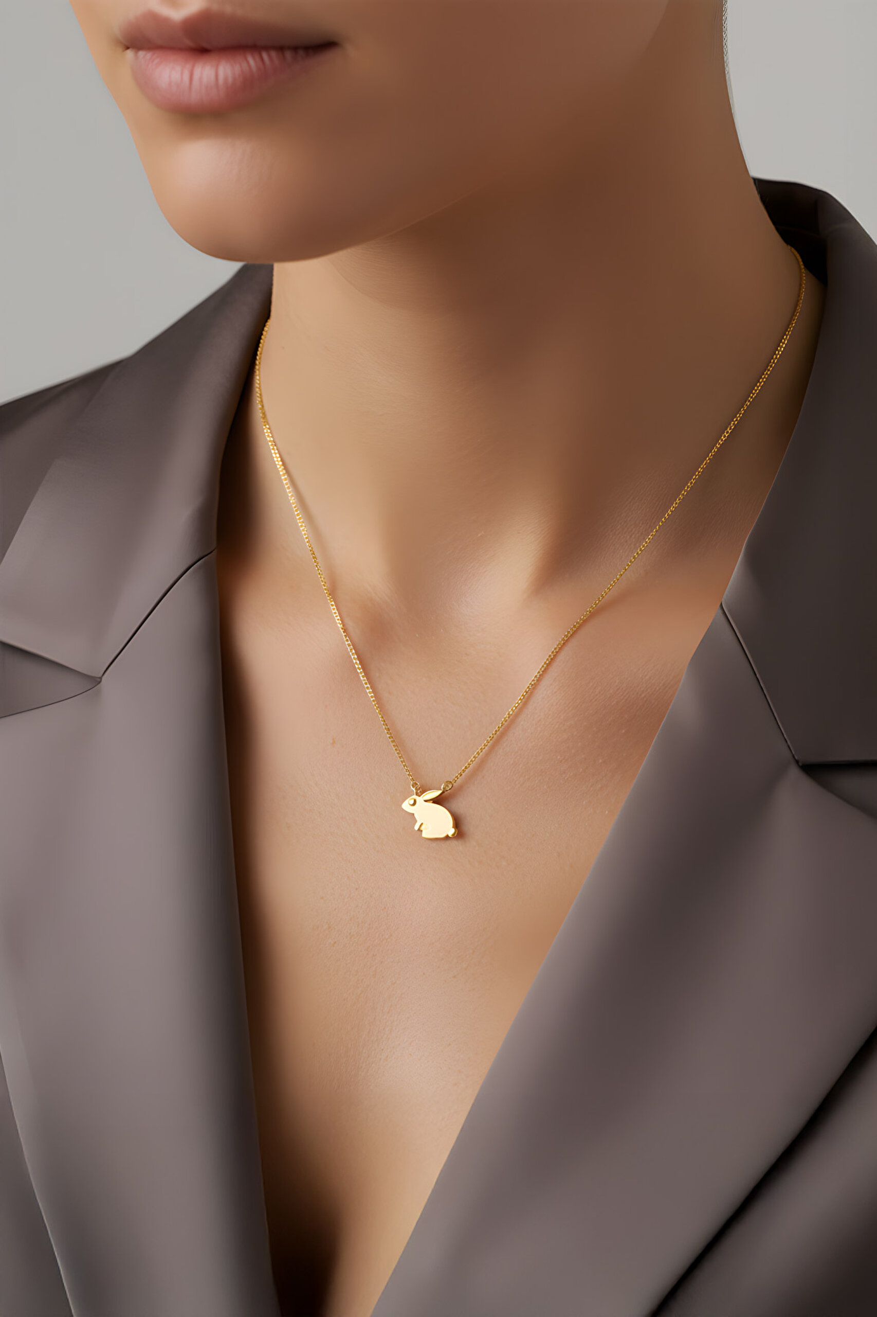 ⁠ Little Rabbit 18 Ayar Sarı Altın Kaplama 47 Cm Gümüş Minimal Kolye_3}