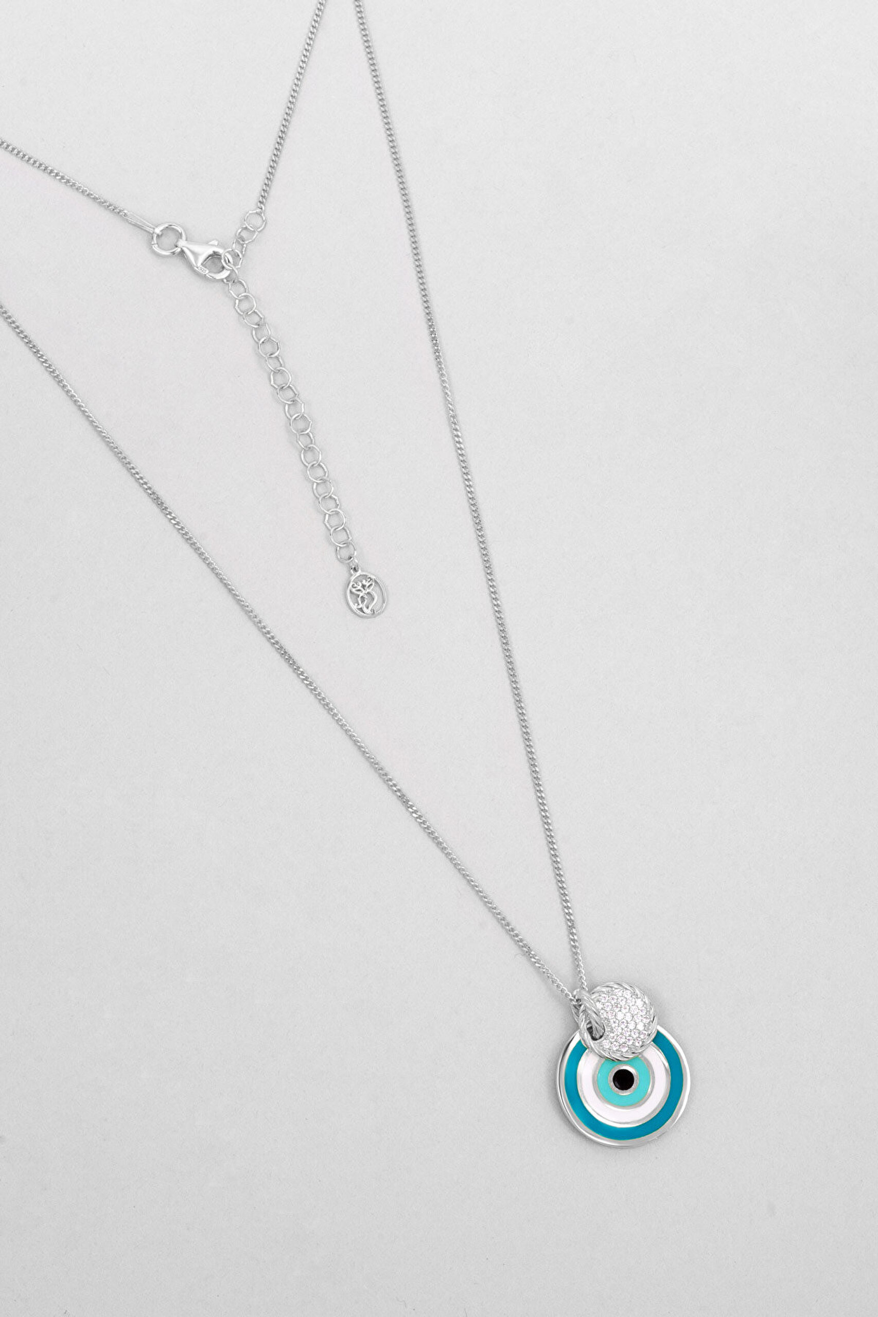 Nazar Figürlü 18 Ayar Beyaz Altın Kaplama 45 Cm Gümüş Minimal Kolye - 0