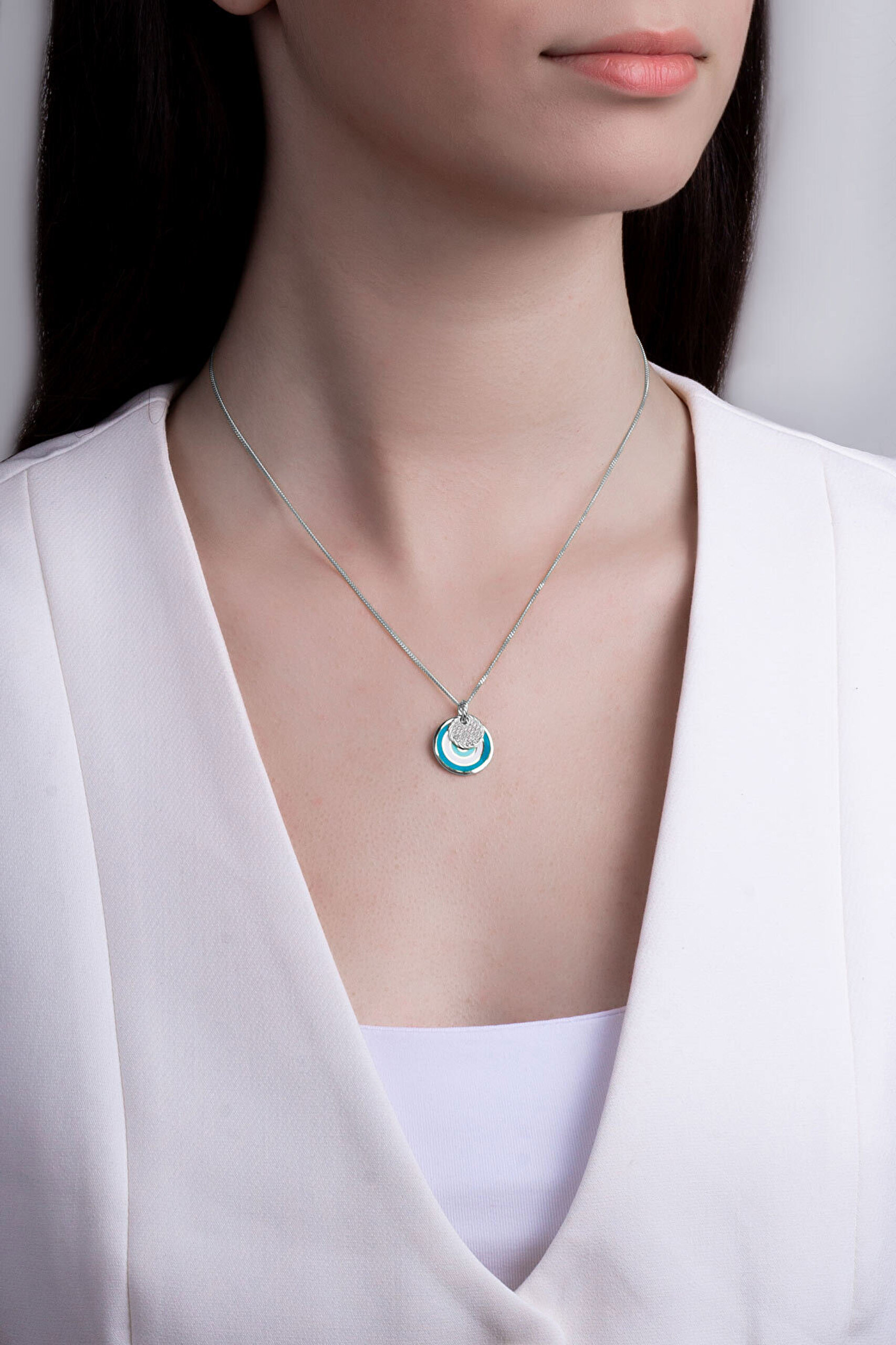 Nazar Figürlü 18 Ayar Beyaz Altın Kaplama 45 Cm Gümüş Minimal Kolye - 3