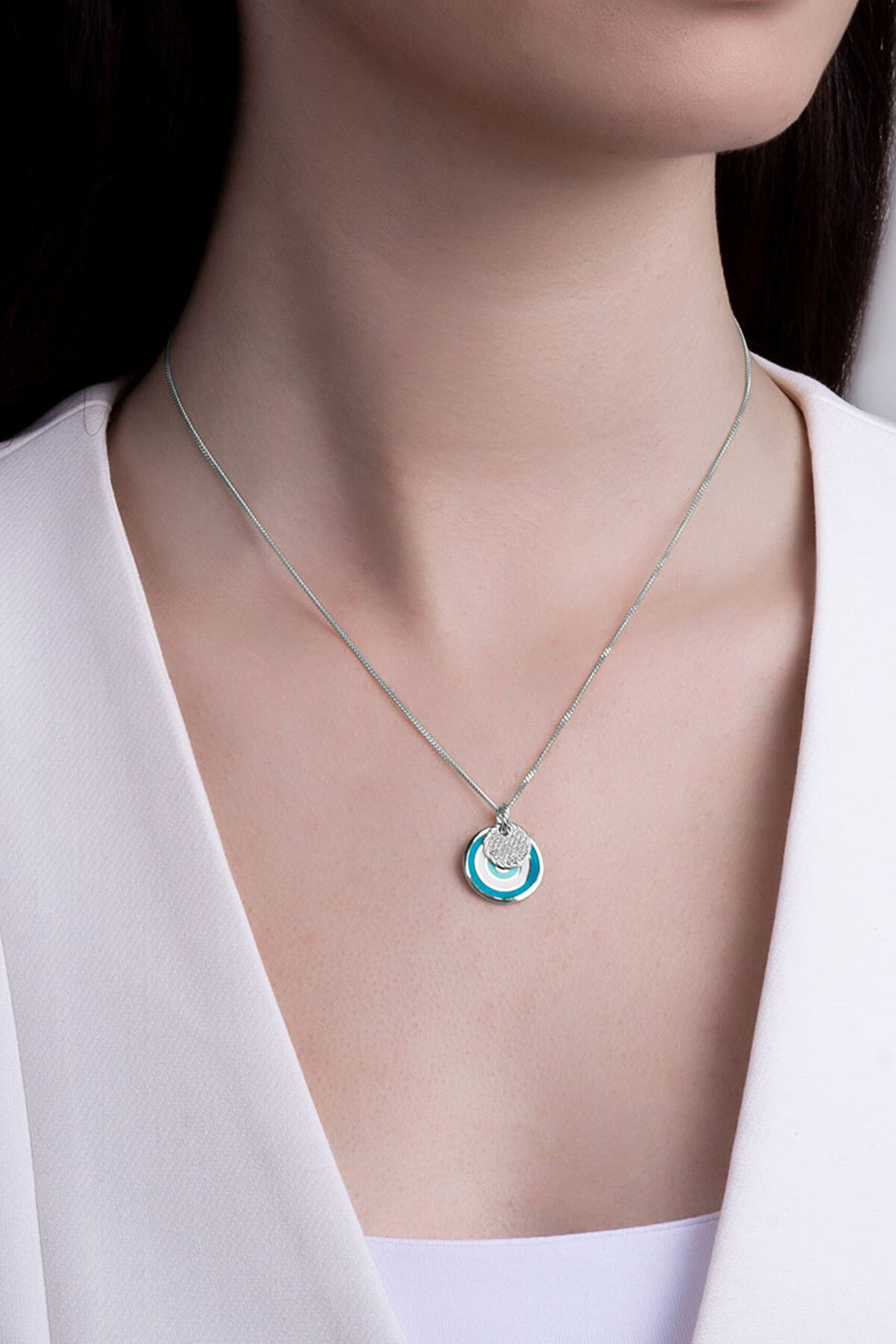 Nazar Figürlü 18 Ayar Beyaz Altın Kaplama 45 Cm Gümüş Minimal Kolye - 1