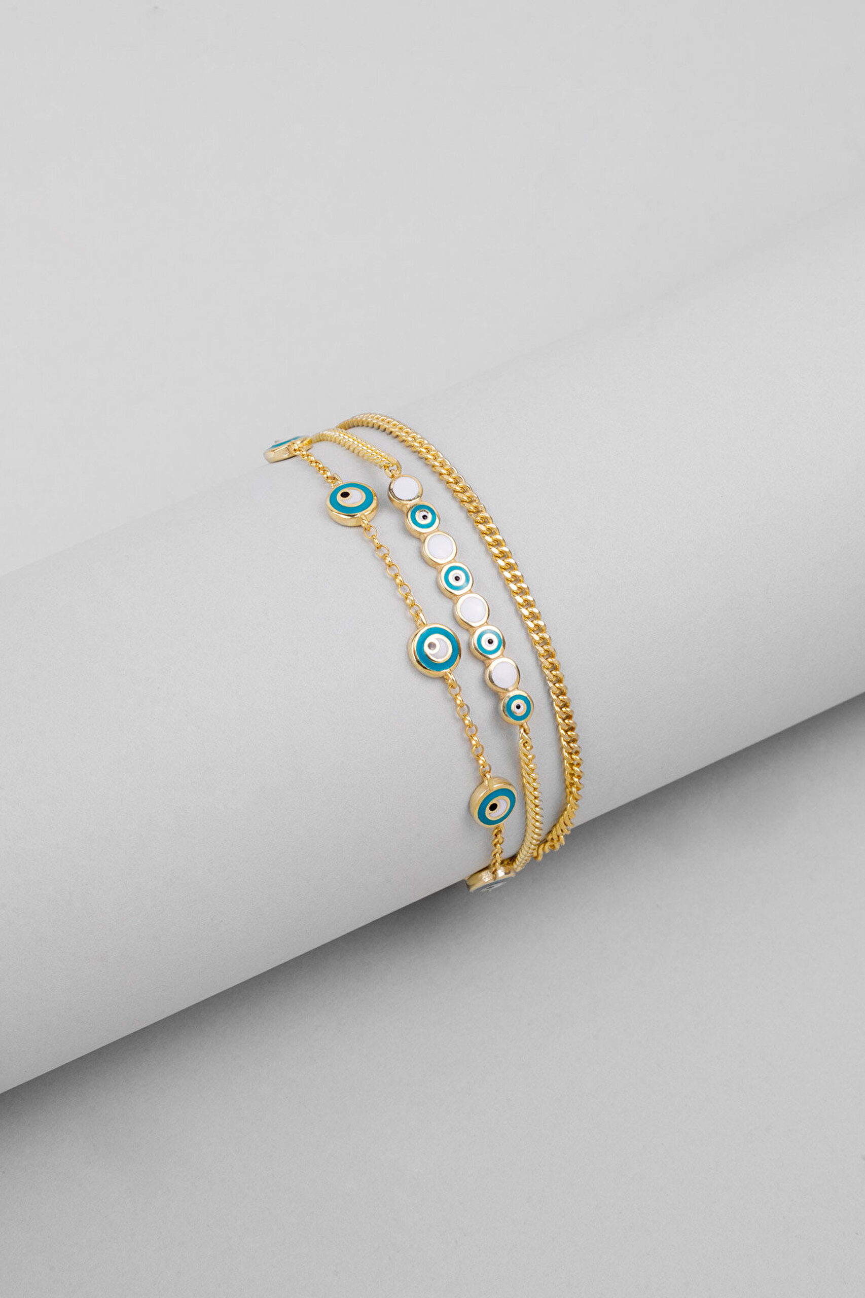 Nazar Işıltısı Üç Sıra 18 Ayar Sarı Altın Kaplama 20 Cm Gümüş Bileklik - 0