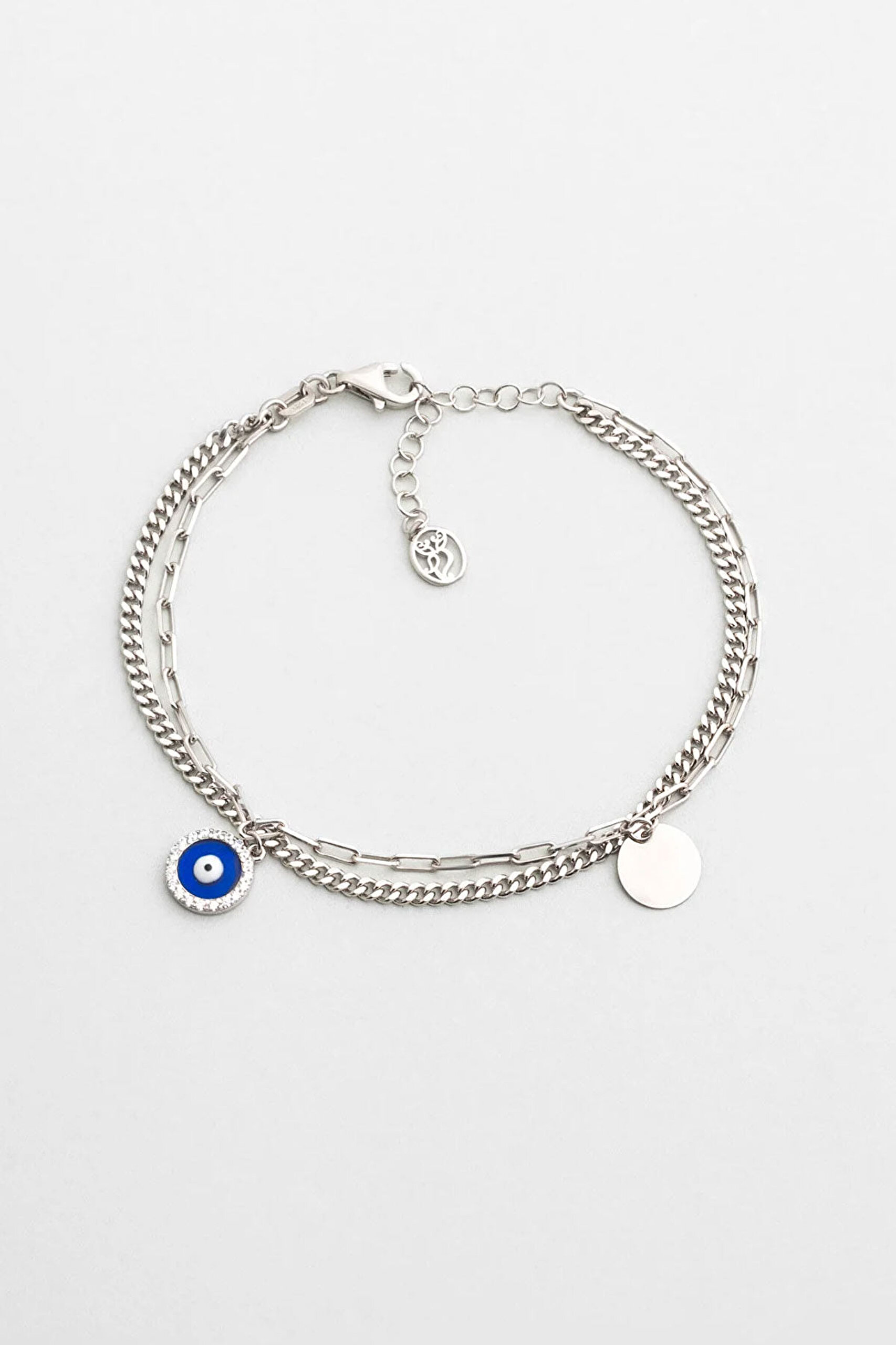 ⁠ Nazar Figürlü 18 Ayar Beyaz Altın Kaplama 19 Cm Gümüş Minimal Bileklik_0}