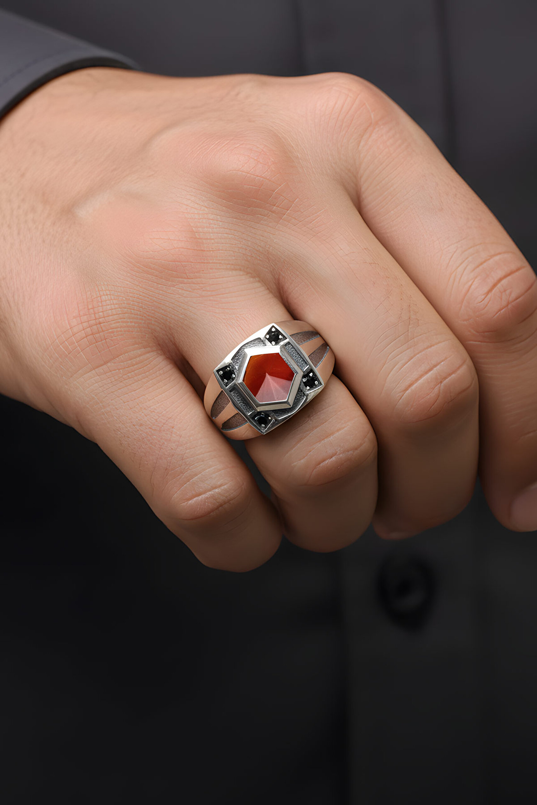 ⁠ Orion Akik Taşlı Gümüş Erkek Yüzük_1}