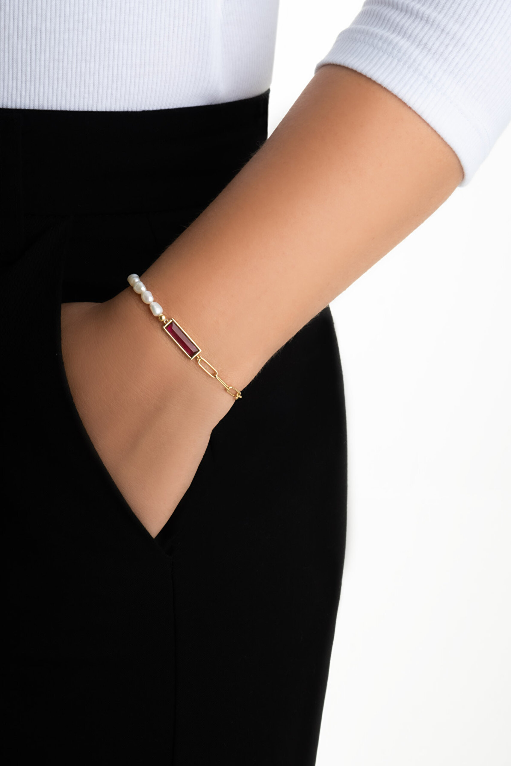 ⁠ Pearl Bloom 18 Ayar Sarı Altın Kaplama 19 Cm Gümüş Bileklik_3}