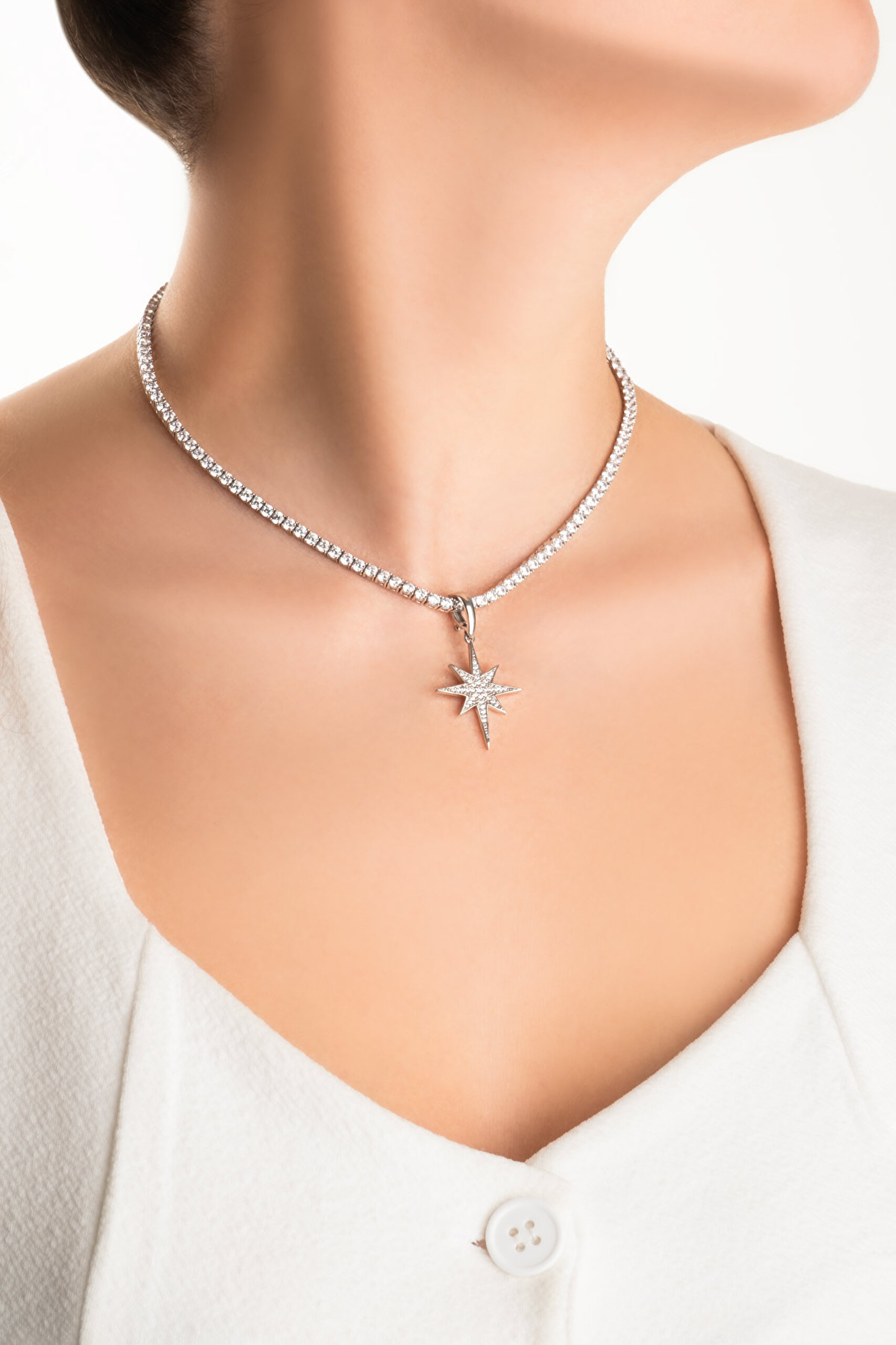 ⁠ Kuzey Yıldızı 18 Ayar Beyaz Altın Kaplama Gümüş Charm_4}