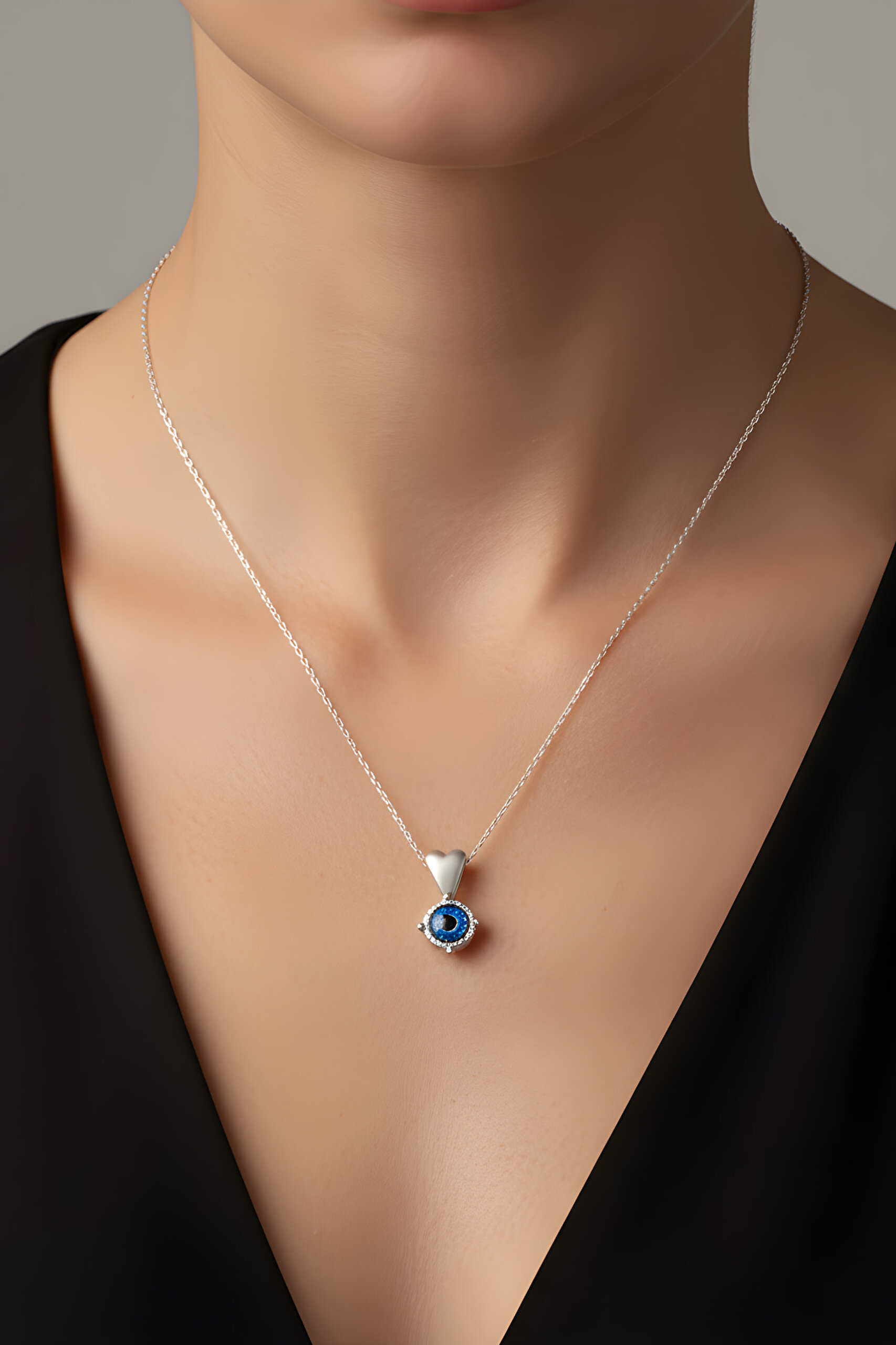 ⁠ Kalp Gözü 18 Ayar Beyaz Altın Kaplama 42 Cm Gümüş Nazar Kolye_3}