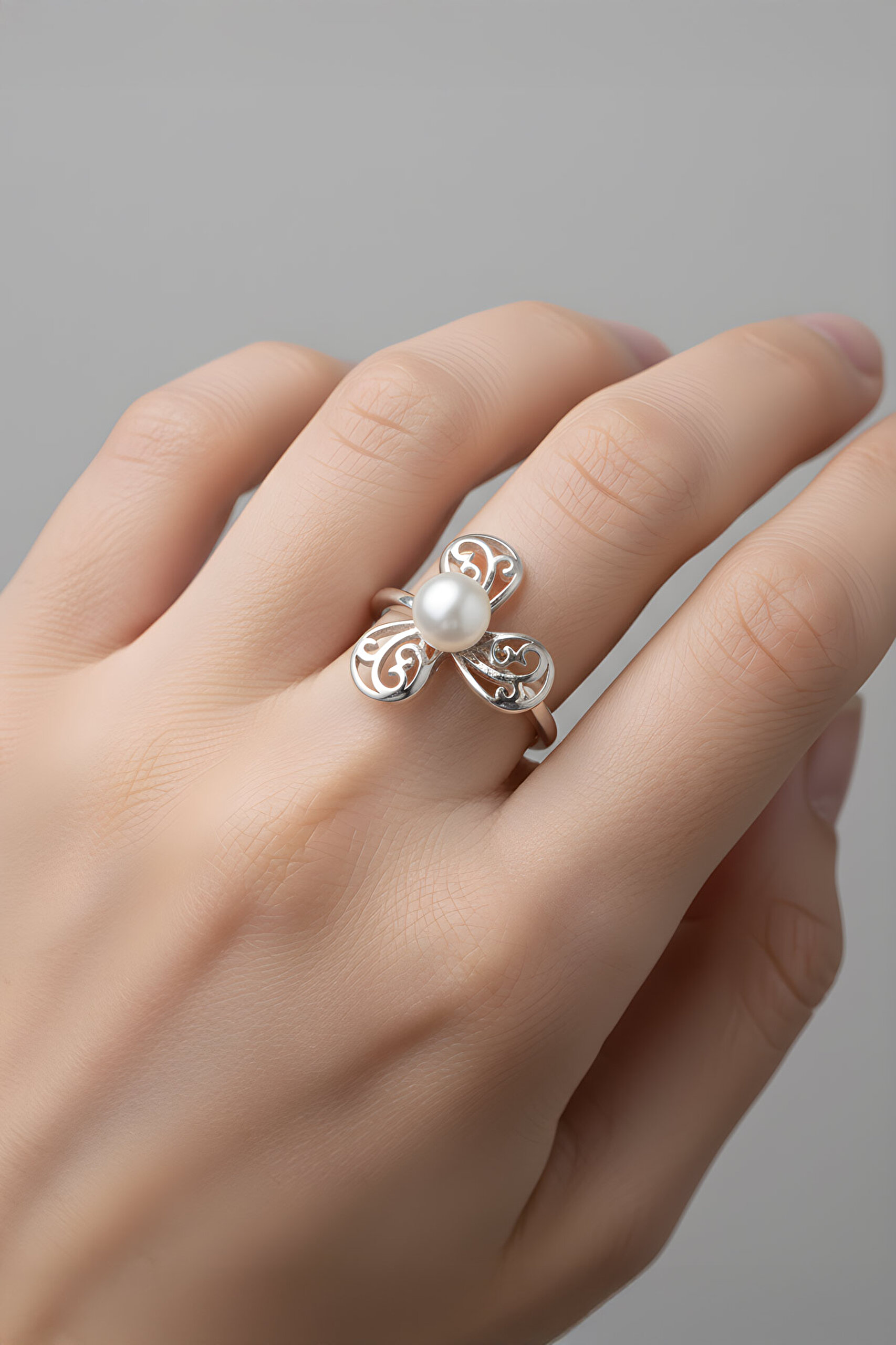 ⁠ Sarmaşık İnci 18 Ayar Beyaz Altın Kaplama Gümüş Yüzük_1}