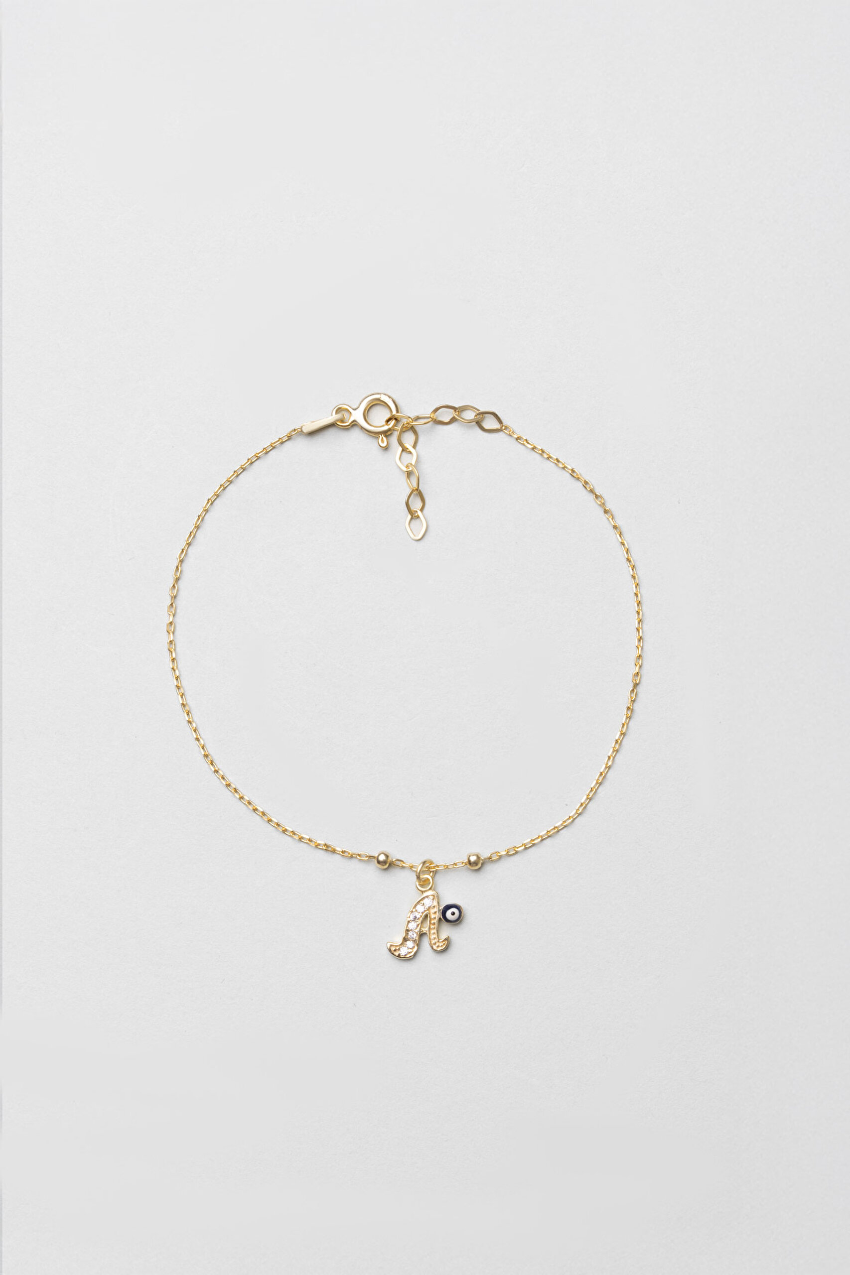 ⁠ A Harfi 18 Ayar Sarı Altın Kaplama 19 Cm Gümüş Nazar Bileklik_0}