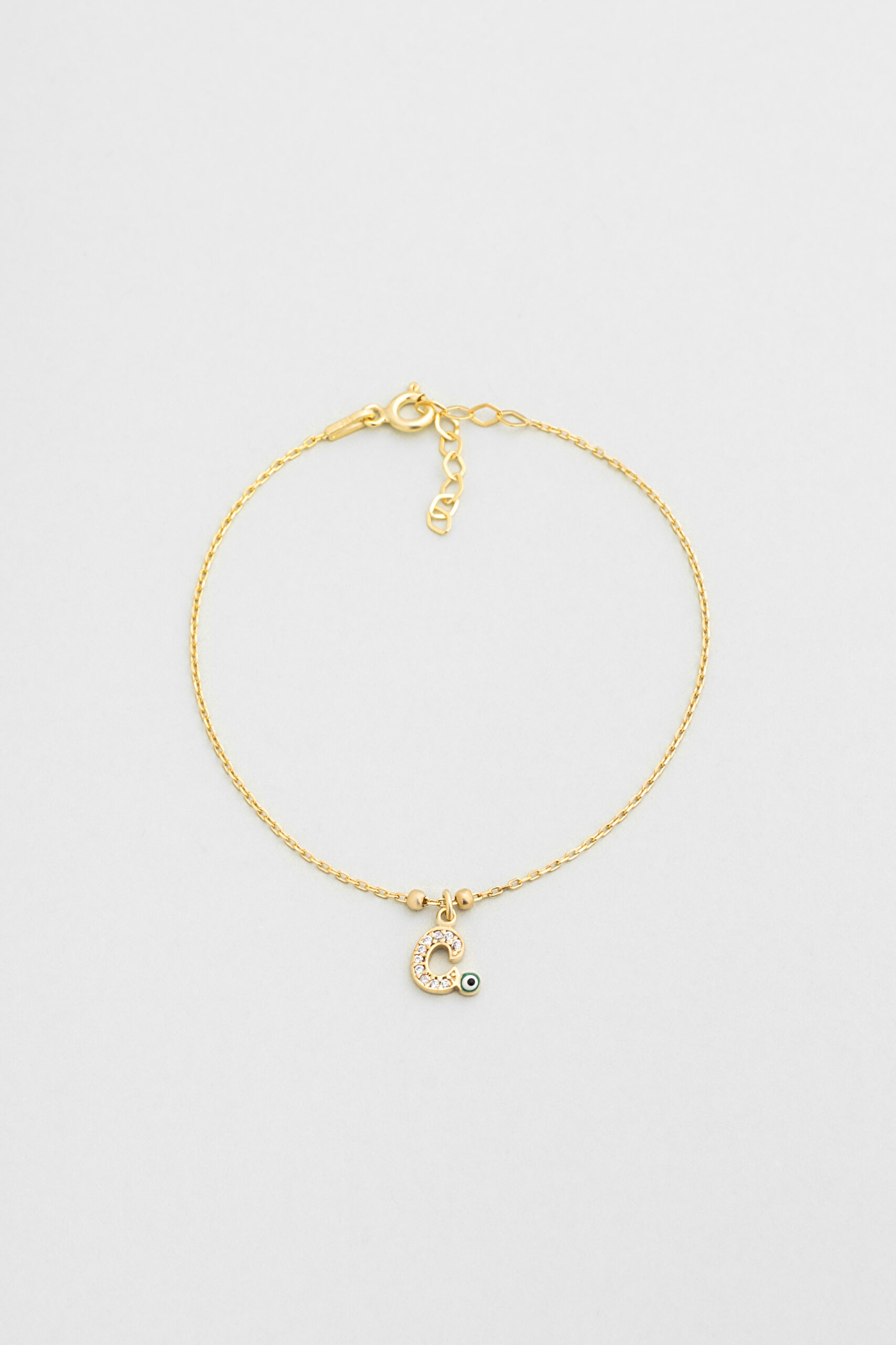 ⁠ C Harfi 18 Ayar Sarı Altın Kaplama 19 Cm Gümüş Nazar Bileklik_0}