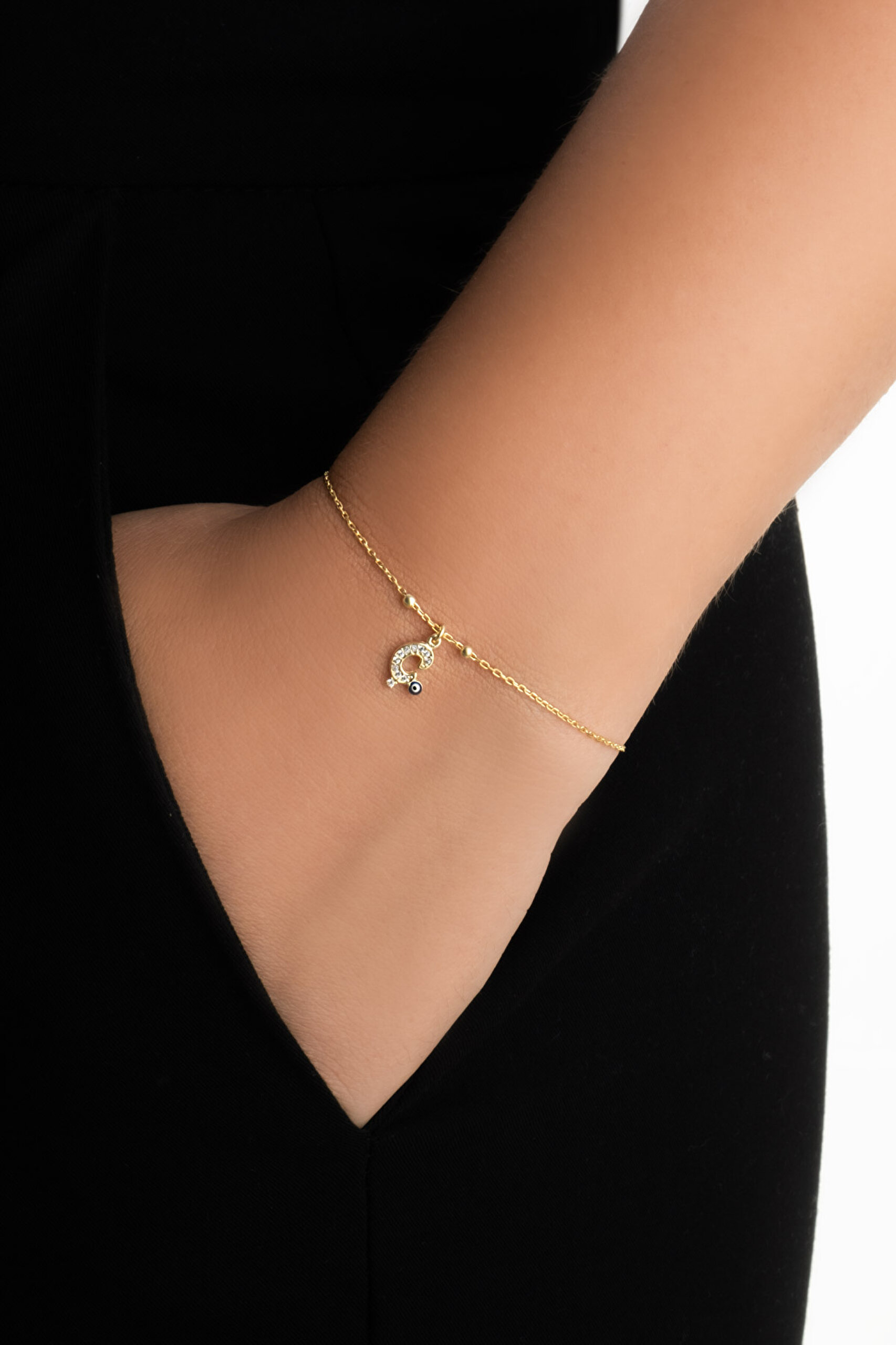 ⁠ Ç Harfi 18 Ayar Sarı Altın Kaplama 19 Cm Gümüş Nazar Bileklik_1}