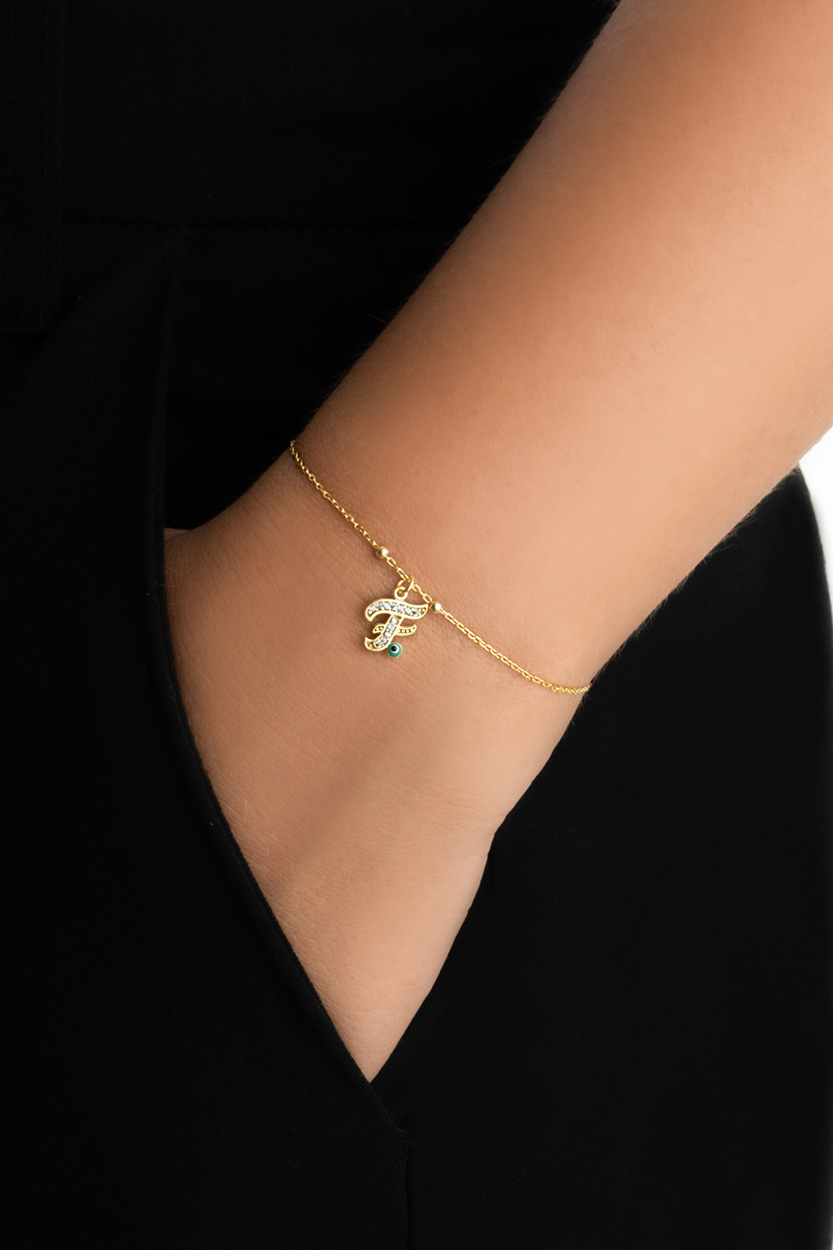 ⁠ F Harfi 18 Ayar Sarı Altın Kaplama 19 Cm Gümüş Nazar Bileklik_1}