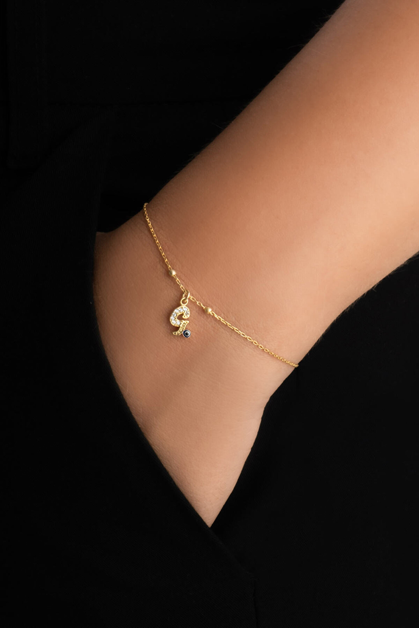 G Harfi 18 Ayar Sarı Altın Kaplama 19 Cm Gümüş Nazar Bileklik - 1