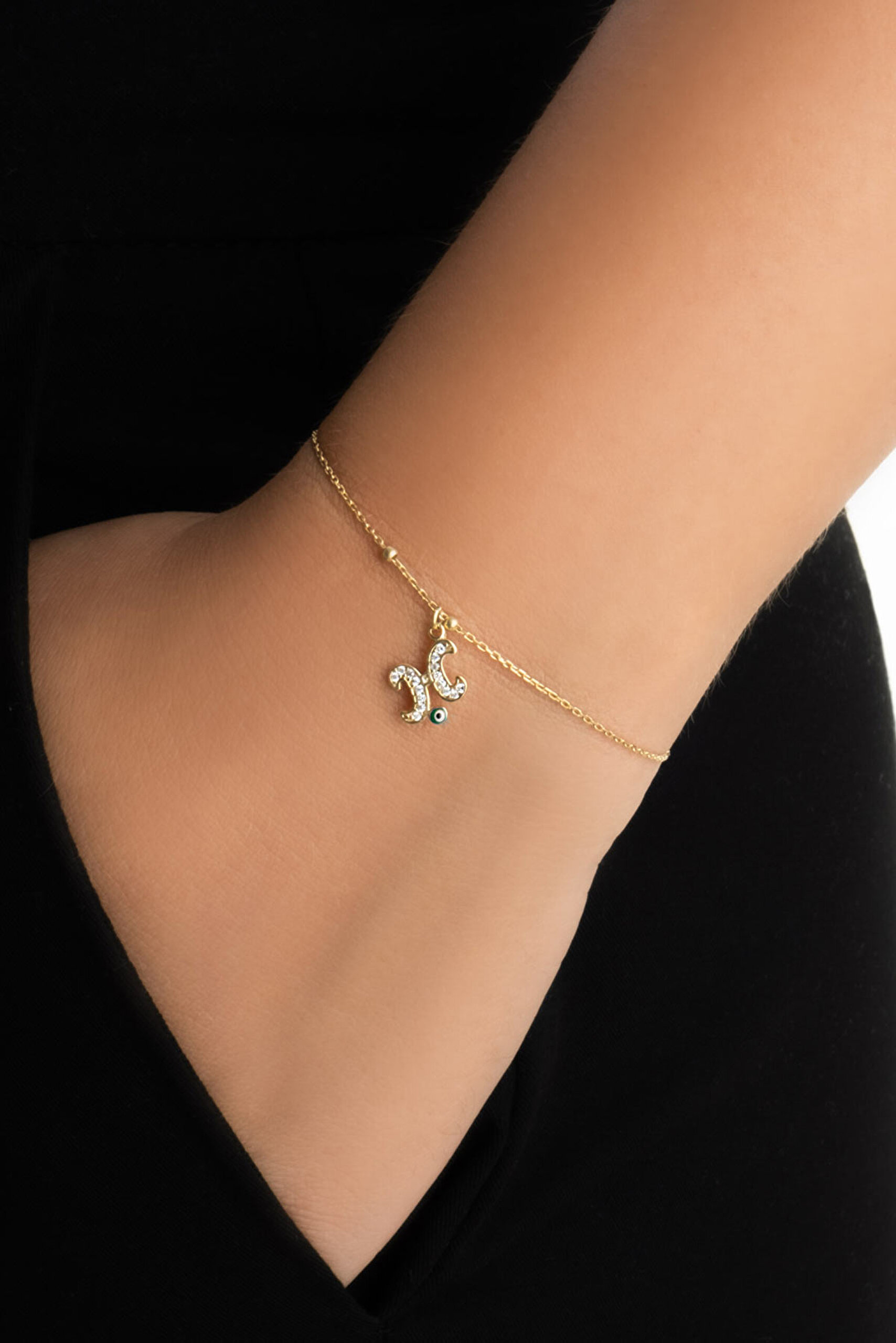 ⁠ H Harfi 18 Ayar Sarı Altın Kaplama 19 Cm Gümüş Nazar Bileklik_1}