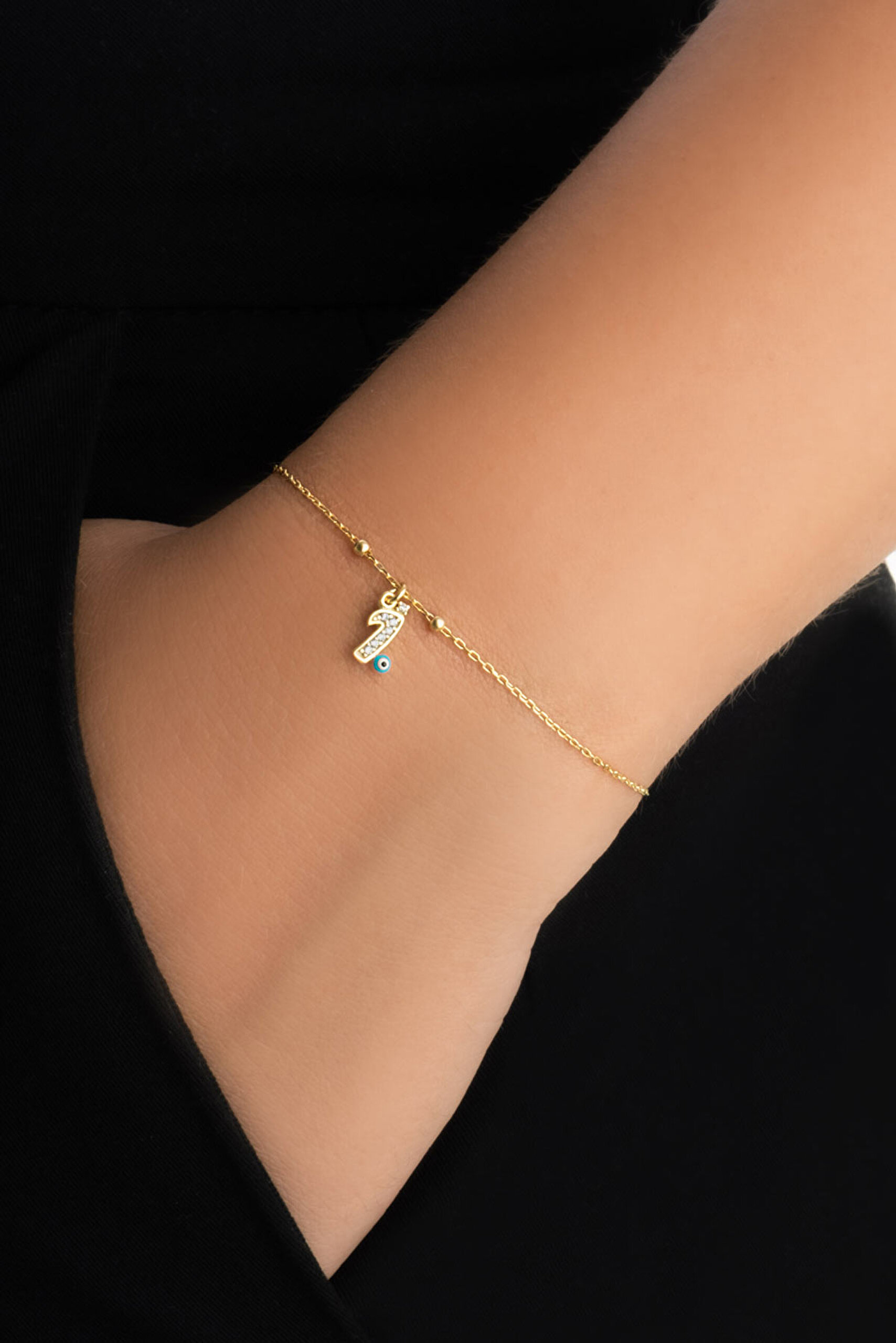 ⁠ I Harfi 18 Ayar Sarı Altın Kaplama 19 Cm Gümüş Nazar Bileklik_1}