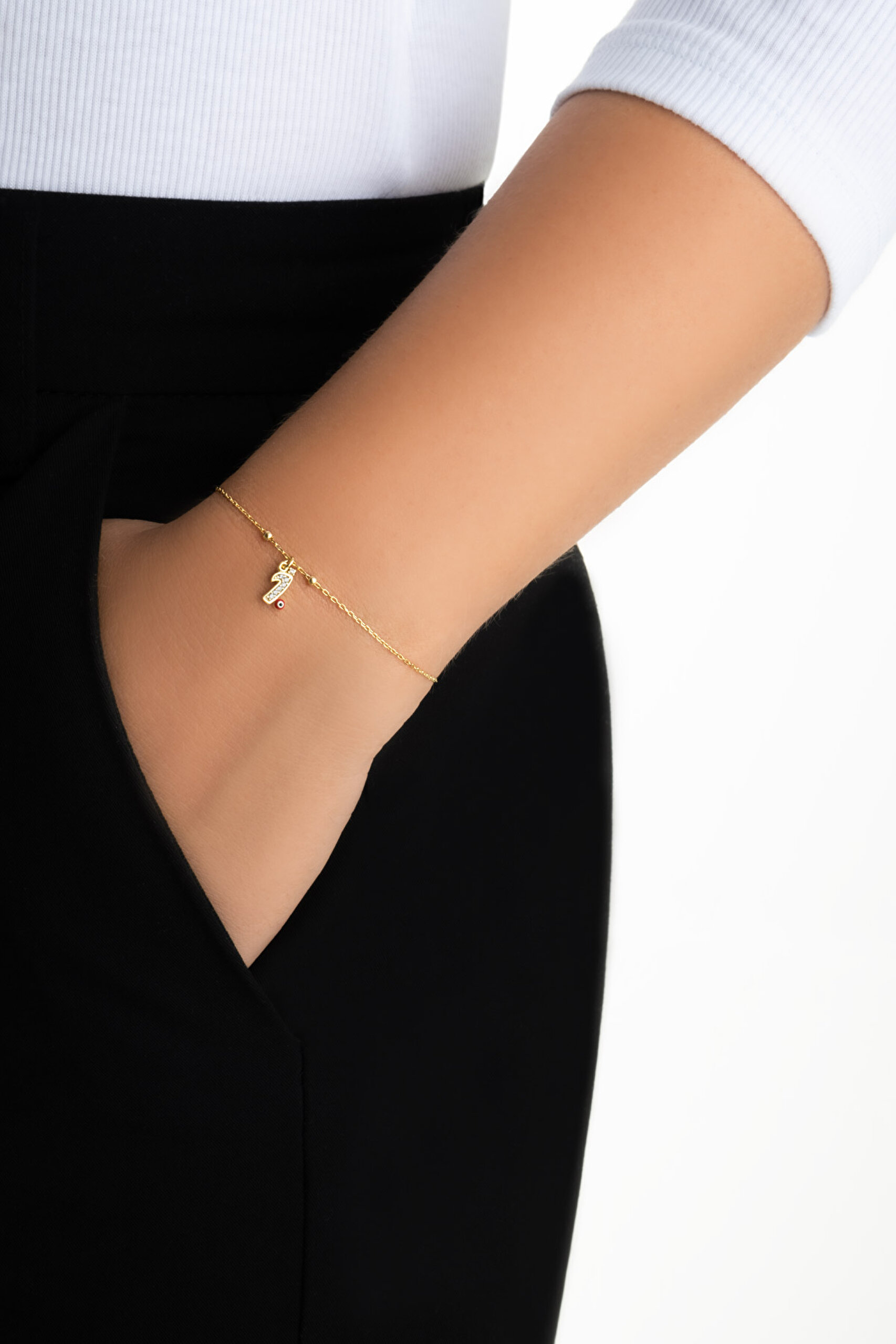 ⁠ I Harfi 18 Ayar Sarı Altın Kaplama 19 Cm Gümüş Nazar Bileklik_3}