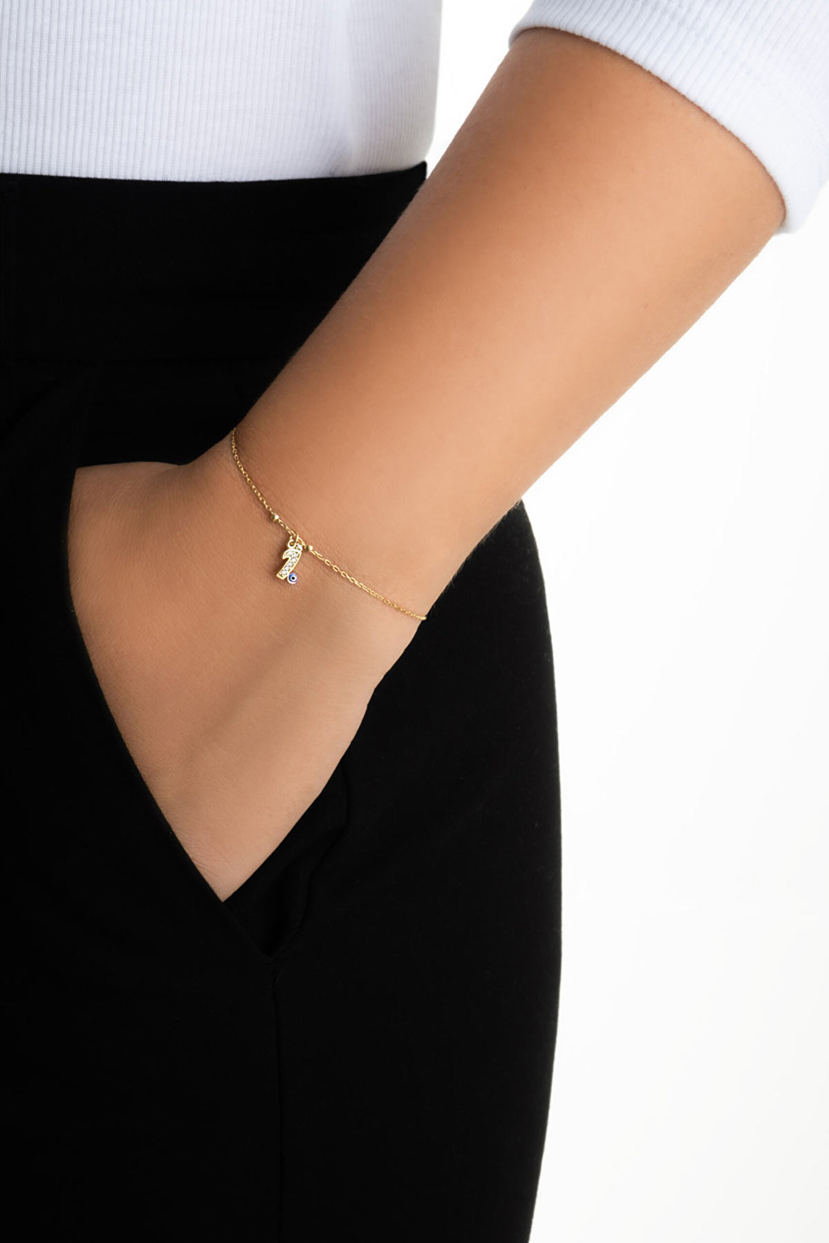 ⁠ İ Harfi 18 Ayar Sarı Altın Kaplama 19 Cm Gümüş Nazar Bileklik_3}