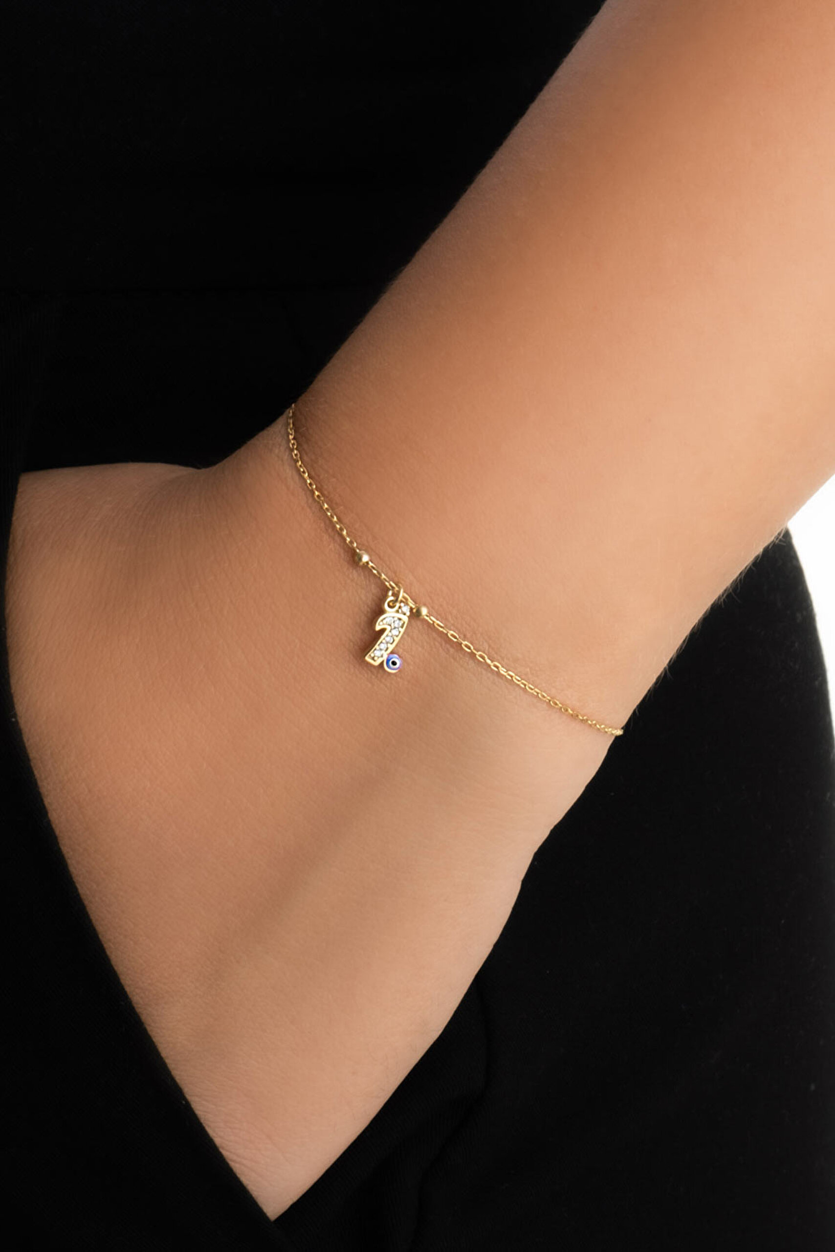 ⁠ İ Harfi 18 Ayar Sarı Altın Kaplama 19 Cm Gümüş Nazar Bileklik_1}