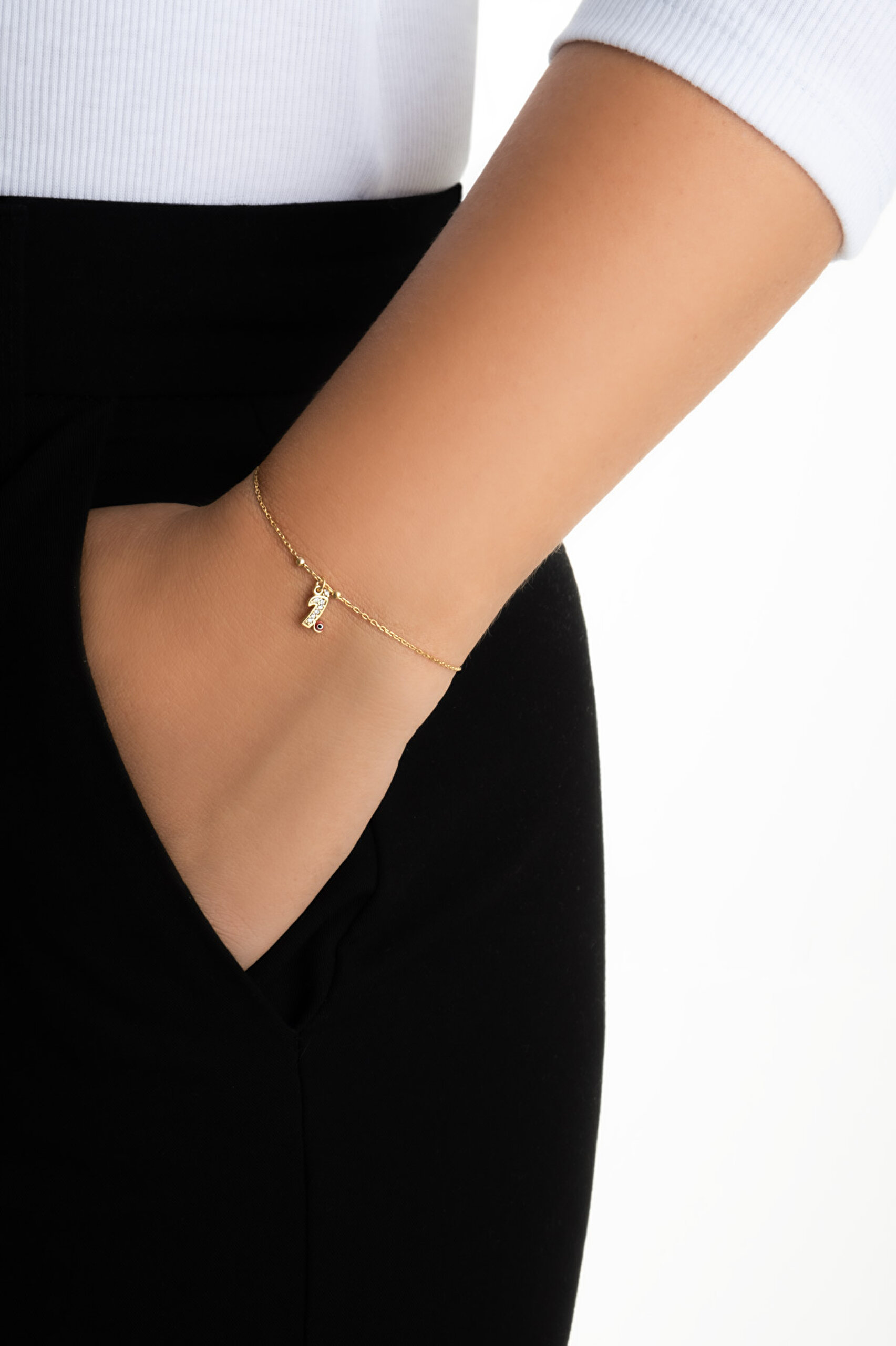 ⁠ İ Harfi 18 Ayar Sarı Altın Kaplama 19 Cm Gümüş Nazar Bileklik_3}