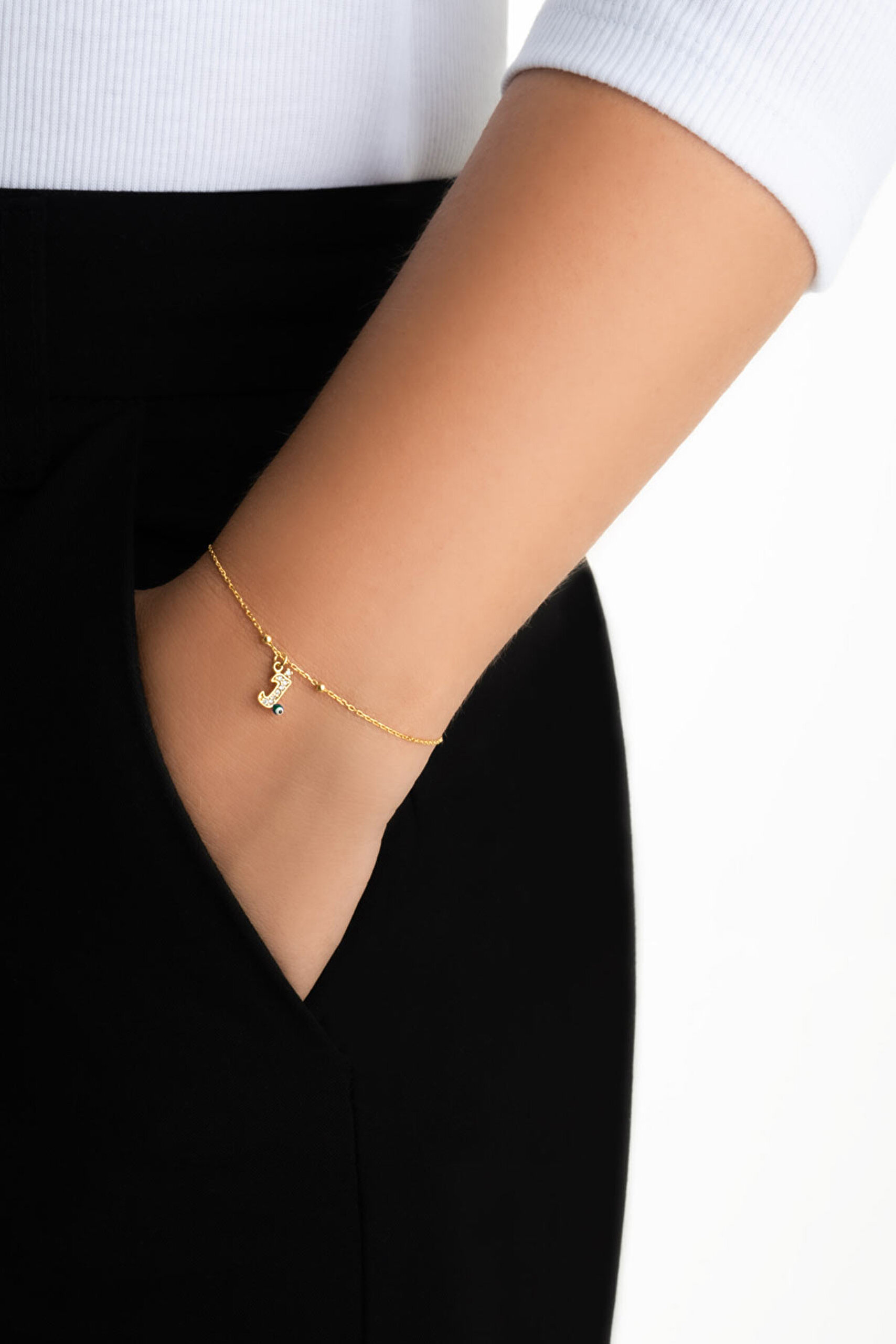 ⁠ J Harfi 18 Ayar Sarı Altın Kaplama 19 Cm Gümüş Nazar Bileklik_3}