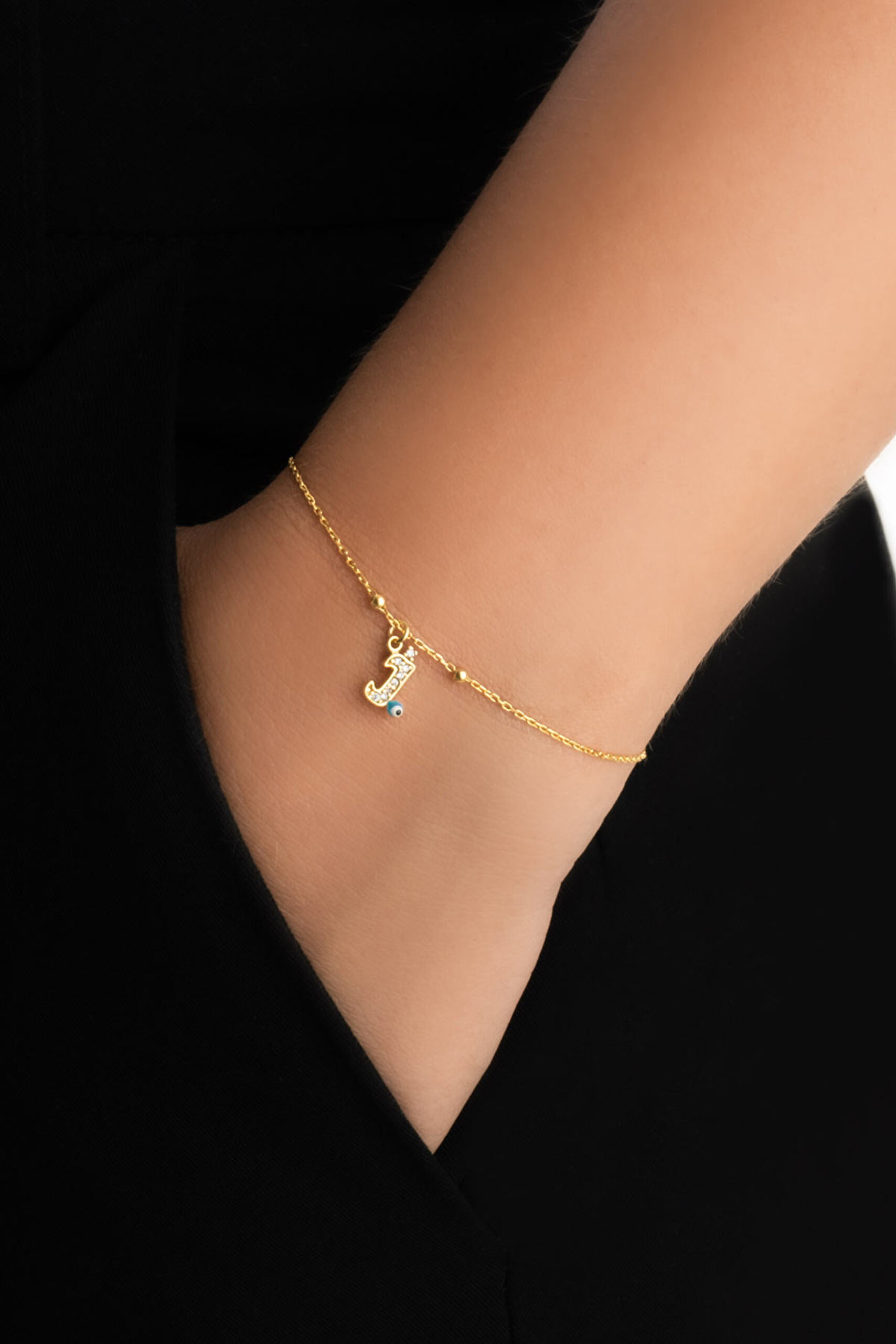 ⁠ J Harfi 18 Ayar Sarı Altın Kaplama 19 Cm Gümüş Nazar Bileklik_1}