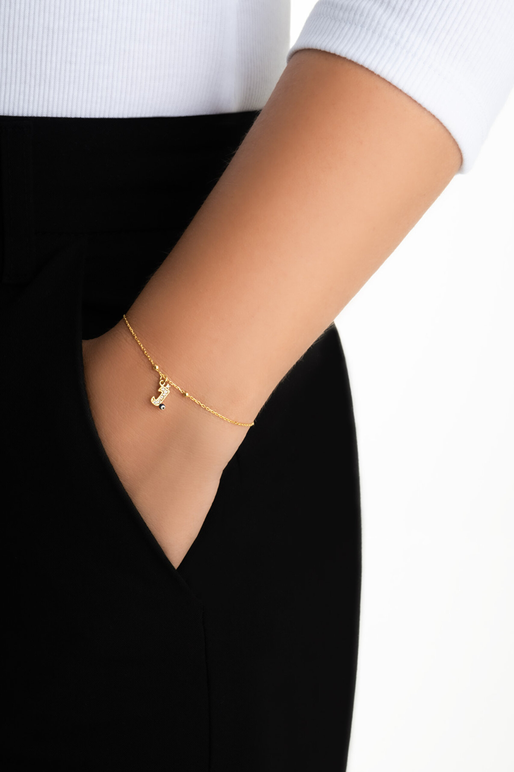 ⁠ J Harfi 18 Ayar Sarı Altın Kaplama 19 Cm Gümüş Nazar Bileklik_3}