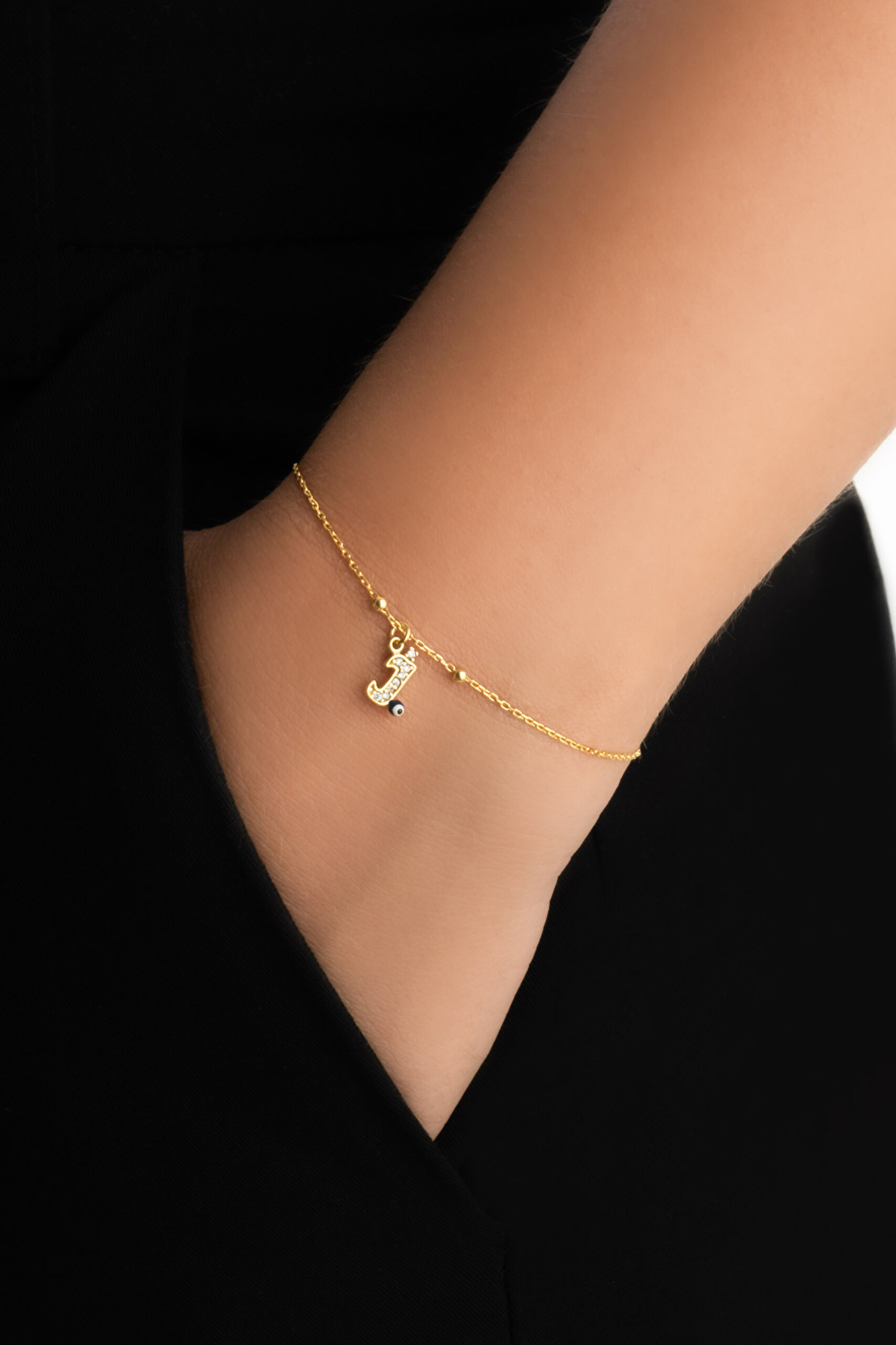 ⁠ J Harfi 18 Ayar Sarı Altın Kaplama 19 Cm Gümüş Nazar Bileklik_1}