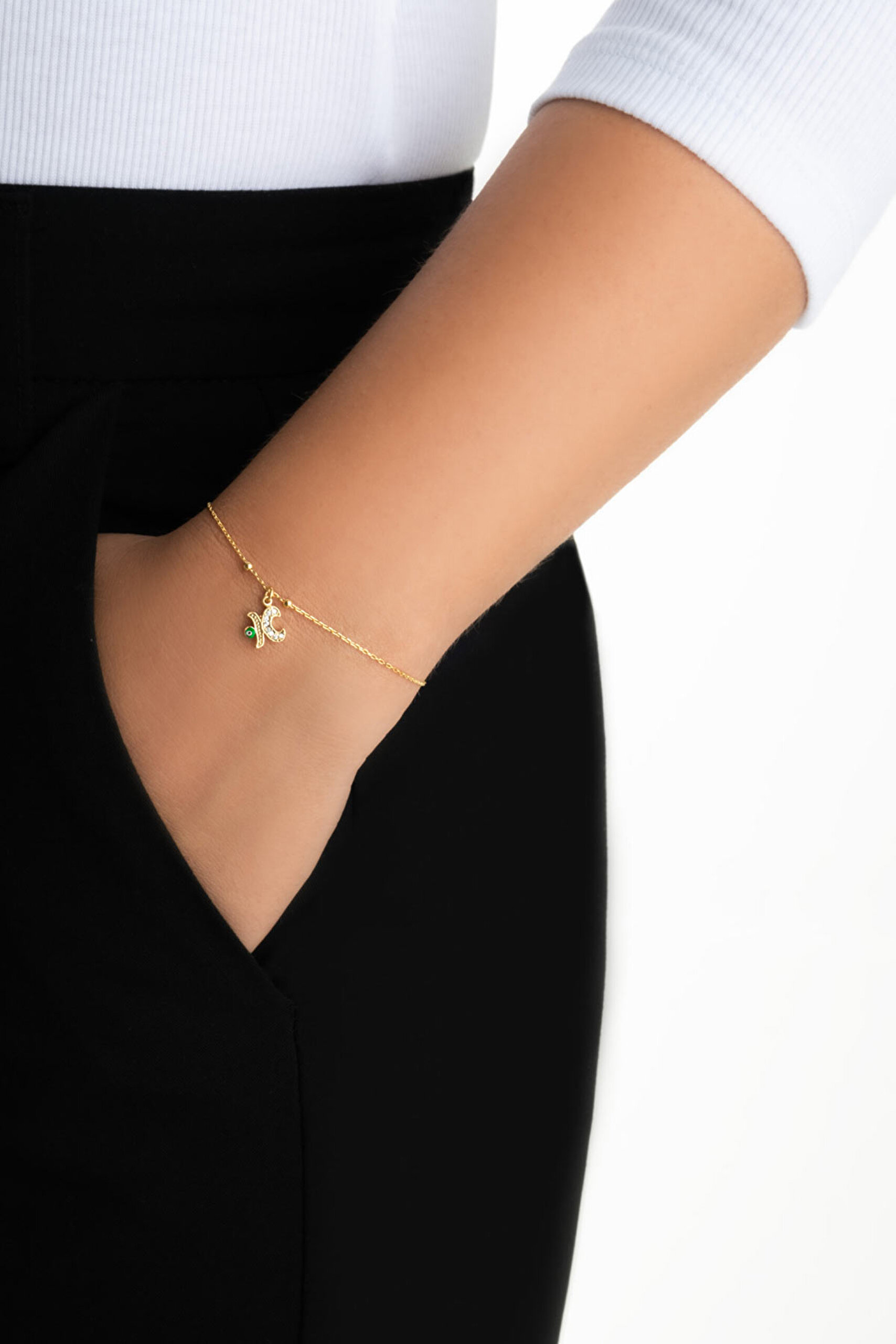 ⁠ K Harfi 18 Ayar Sarı Altın Kaplama 19 Cm Gümüş Nazar Bileklik_3}