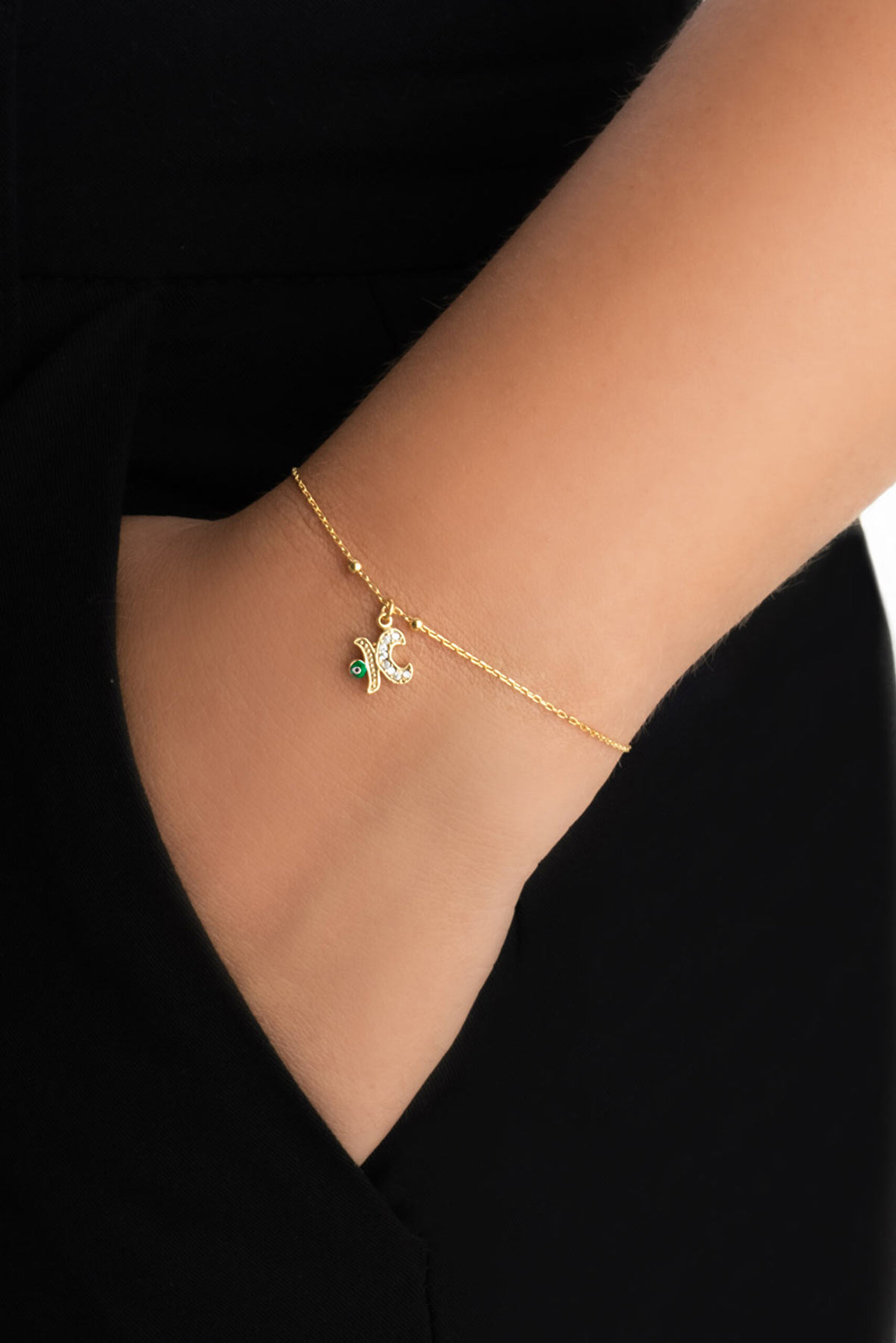 ⁠ K Harfi 18 Ayar Sarı Altın Kaplama 19 Cm Gümüş Nazar Bileklik_1}