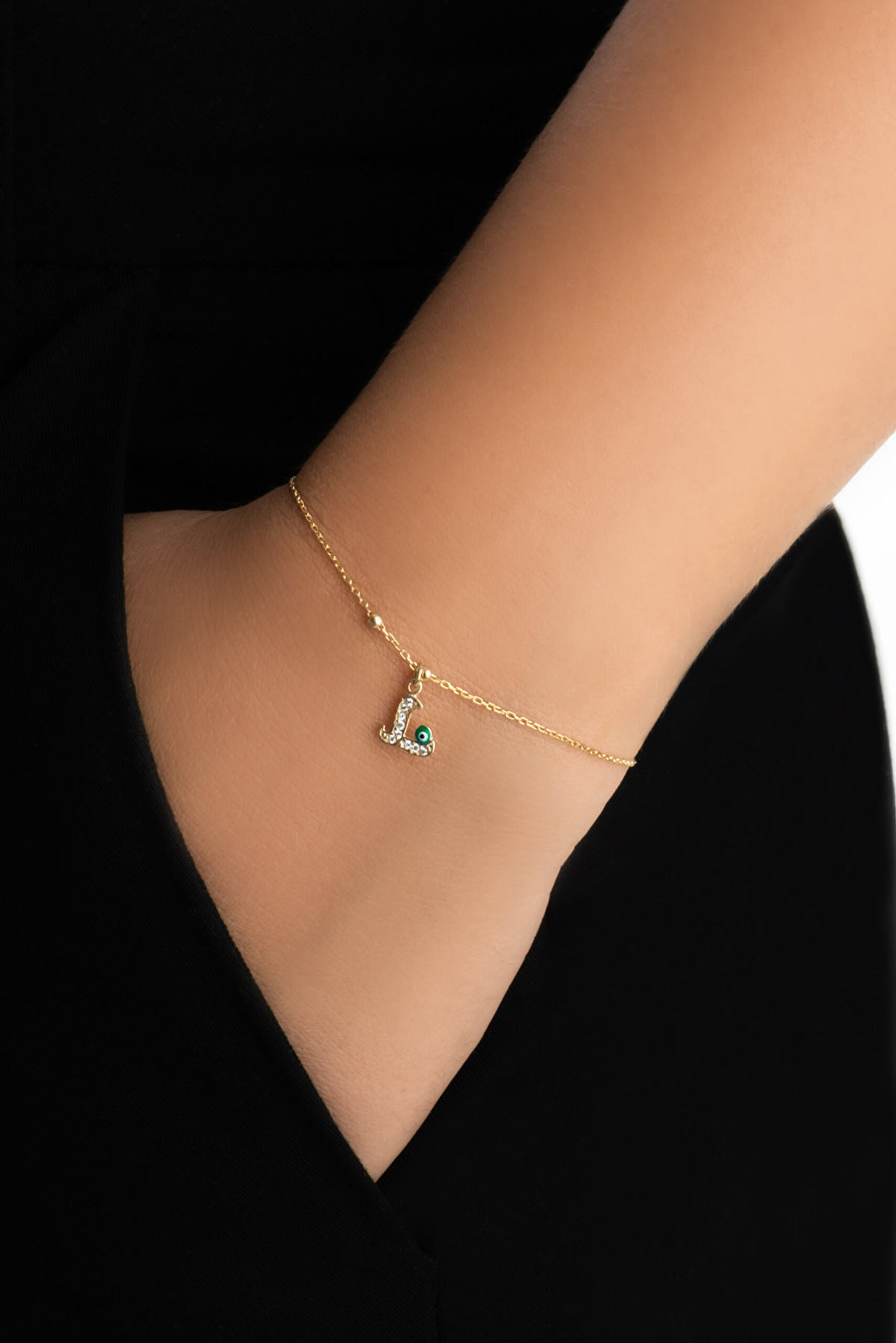 ⁠ L Harfi 18 Ayar Sarı Altın Kaplama 19 Cm Gümüş Nazar Bileklik_1}