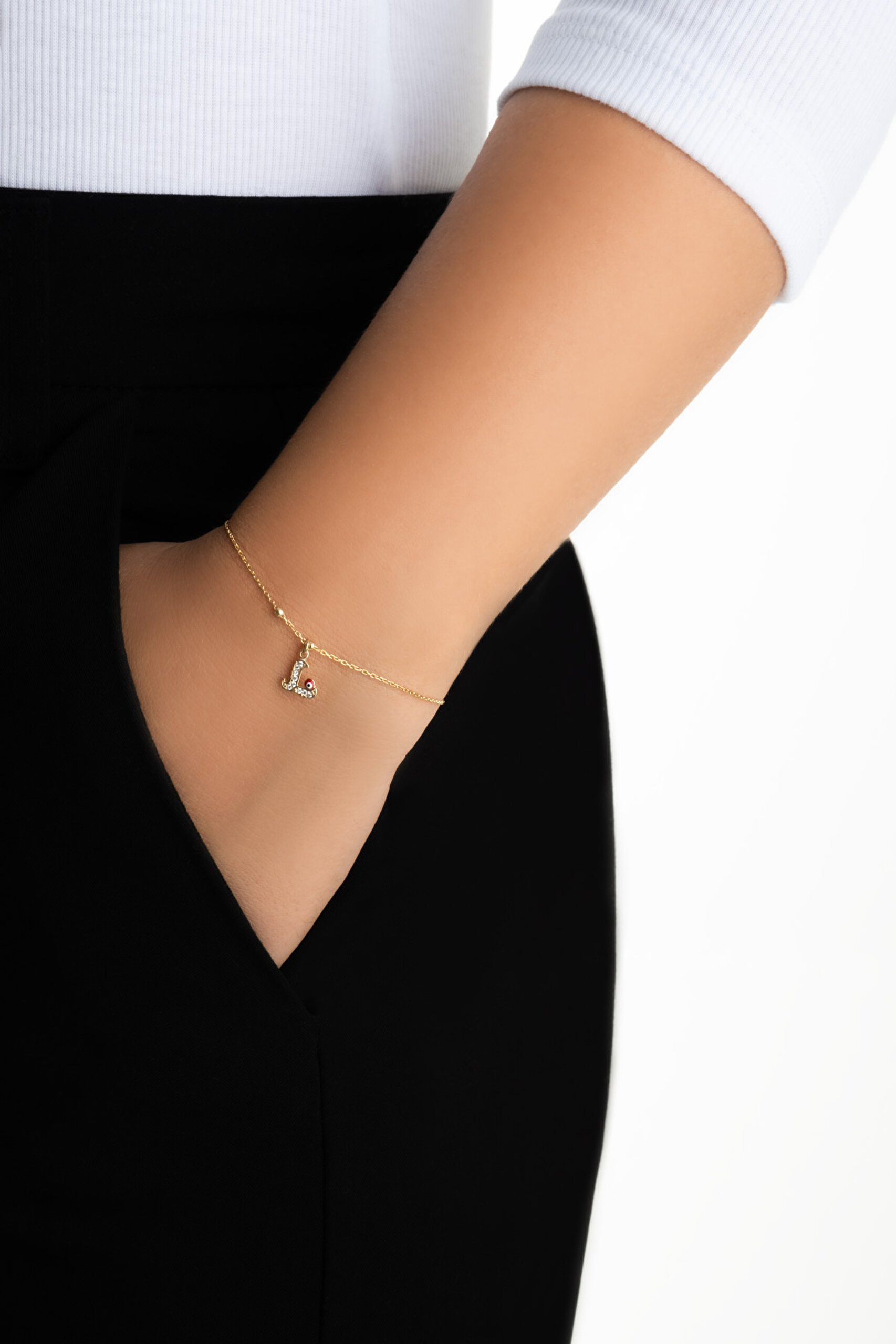 ⁠ L Harfi 18 Ayar Sarı Altın Kaplama 19 Cm Gümüş Nazar Bileklik_3}