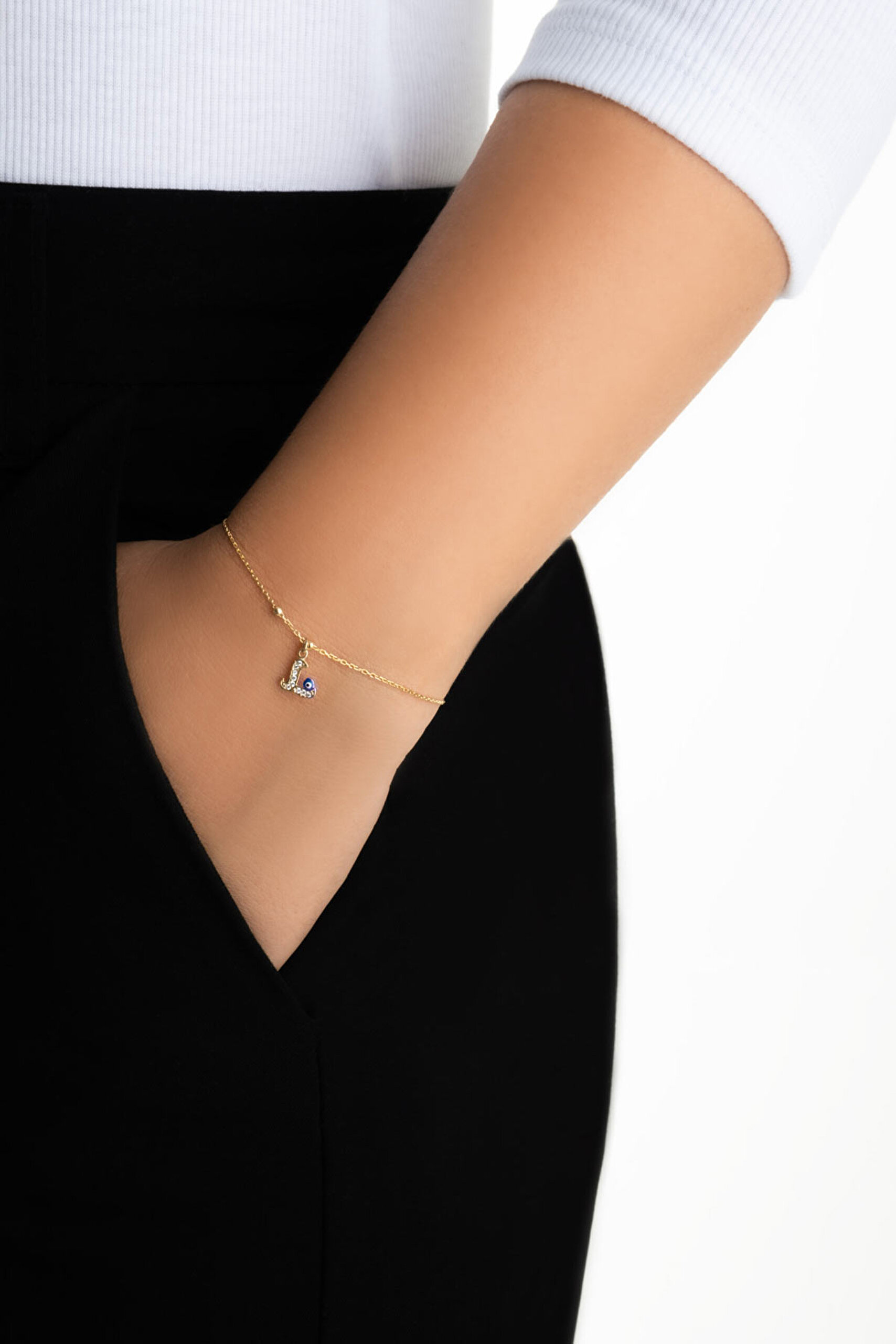 ⁠ L Harfi 18 Ayar Sarı Altın Kaplama 19 Cm Gümüş Nazar Bileklik_3}