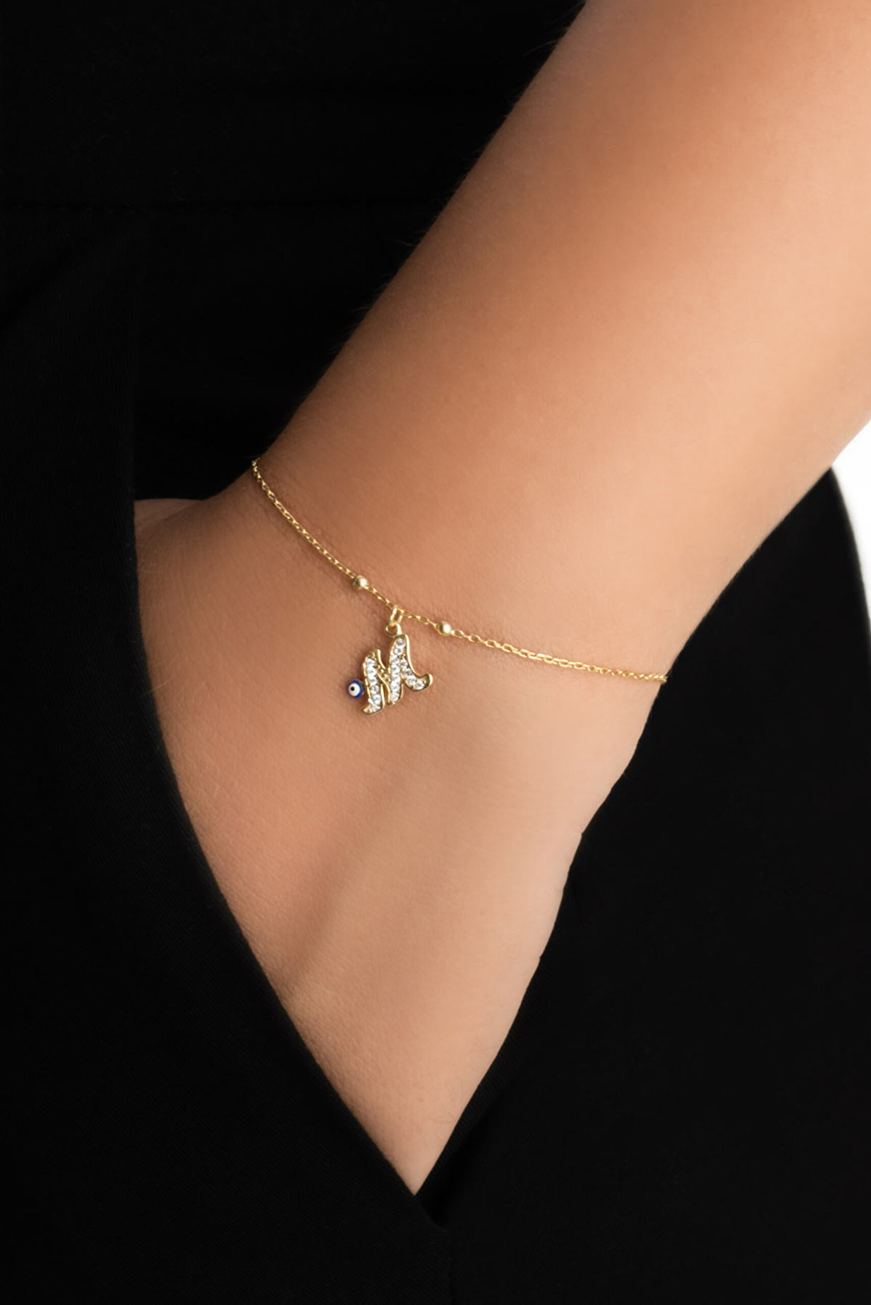 ⁠ M Harfi 18 Ayar Sarı Altın Kaplama 19 Cm Gümüş Nazar Bileklik_1}