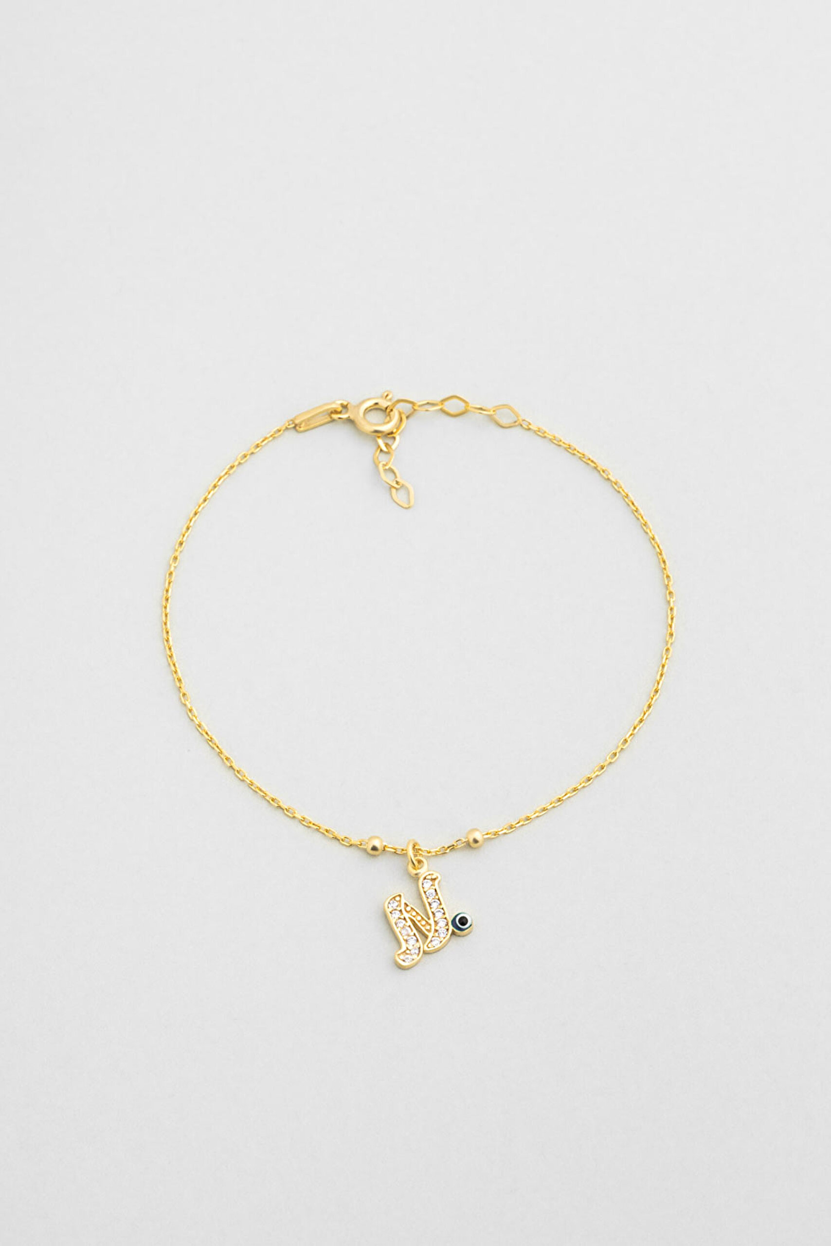 ⁠ N Harfi 18 Ayar Sarı Altın Kaplama 19 Cm Gümüş Nazar Bileklik_0}