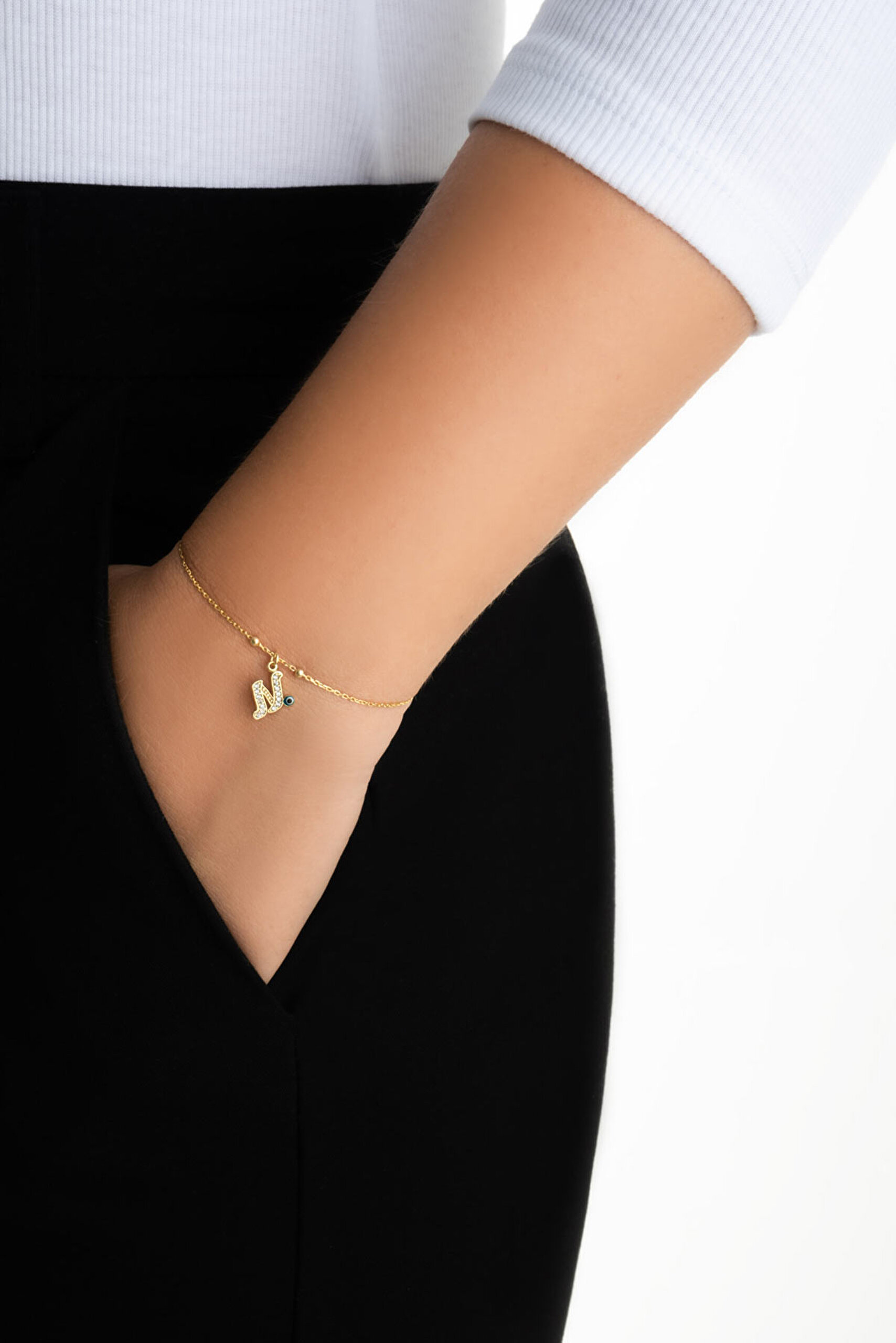 ⁠ N Harfi 18 Ayar Sarı Altın Kaplama 19 Cm Gümüş Nazar Bileklik_3}