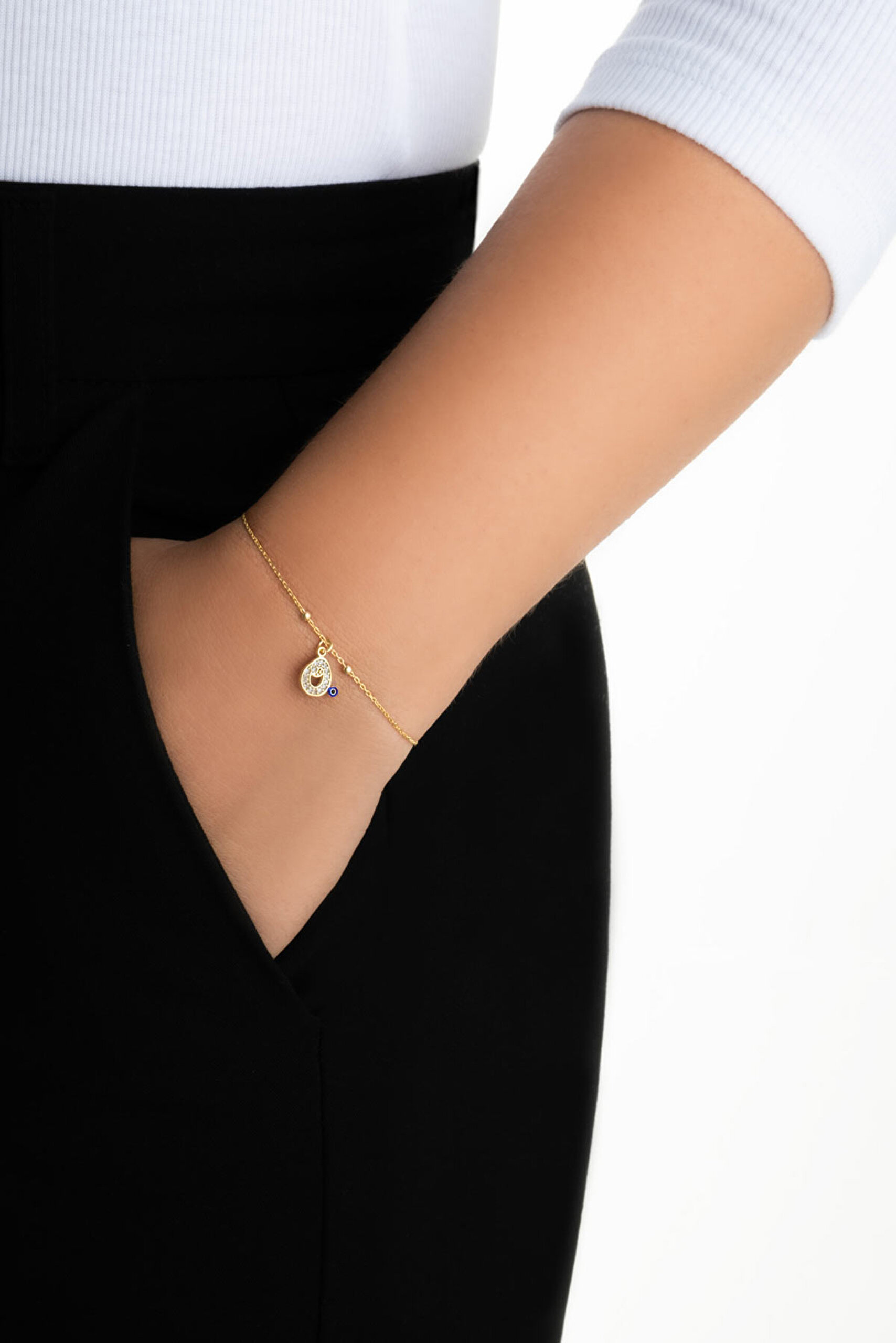 ⁠ O Harfi 18 Ayar Sarı Altın Kaplama 19 Cm Gümüş Nazar Bileklik_3}