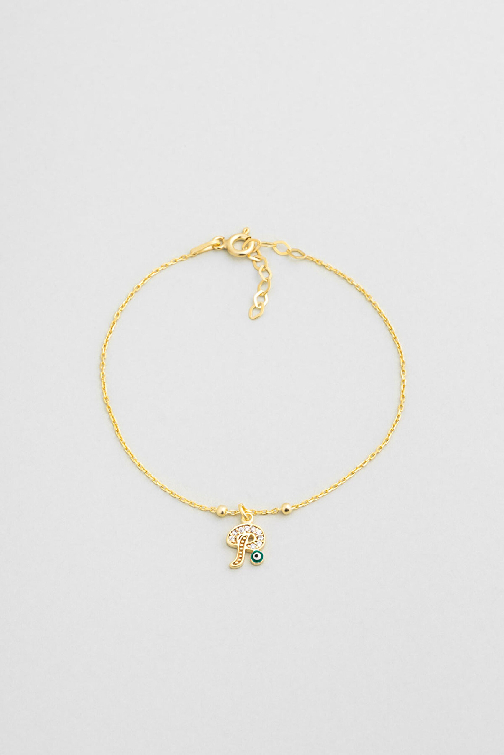 ⁠ P Harfi 18 Ayar Sarı Altın Kaplama 19 Cm Gümüş Nazar Bileklik_0}