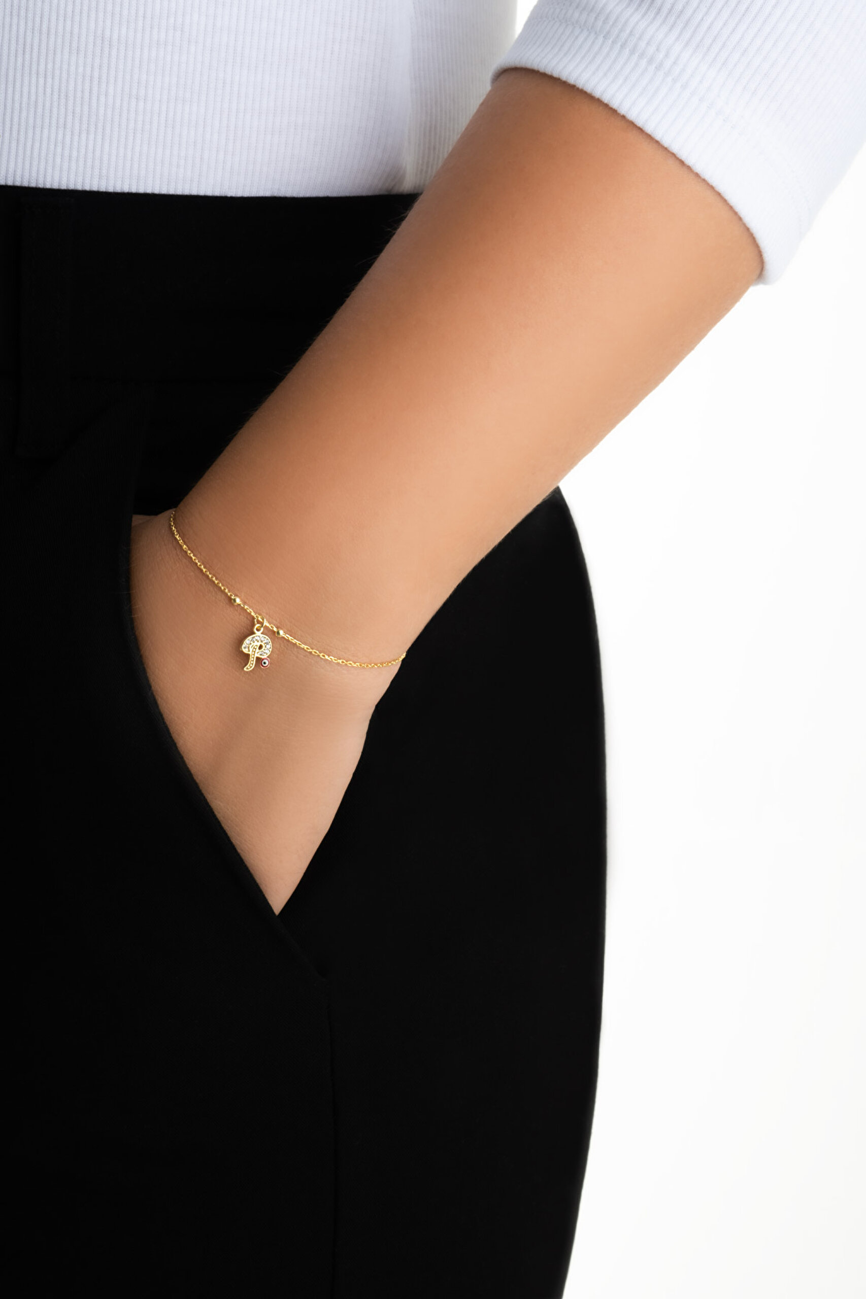 ⁠ P Harfi 18 Ayar Sarı Altın Kaplama 19 Cm Gümüş Nazar Bileklik_3}