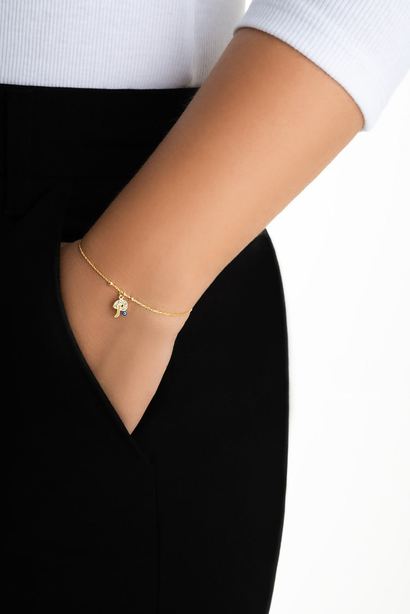 ⁠ P Harfi 18 Ayar Sarı Altın Kaplama 19 Cm Gümüş Nazar Bileklik_3}