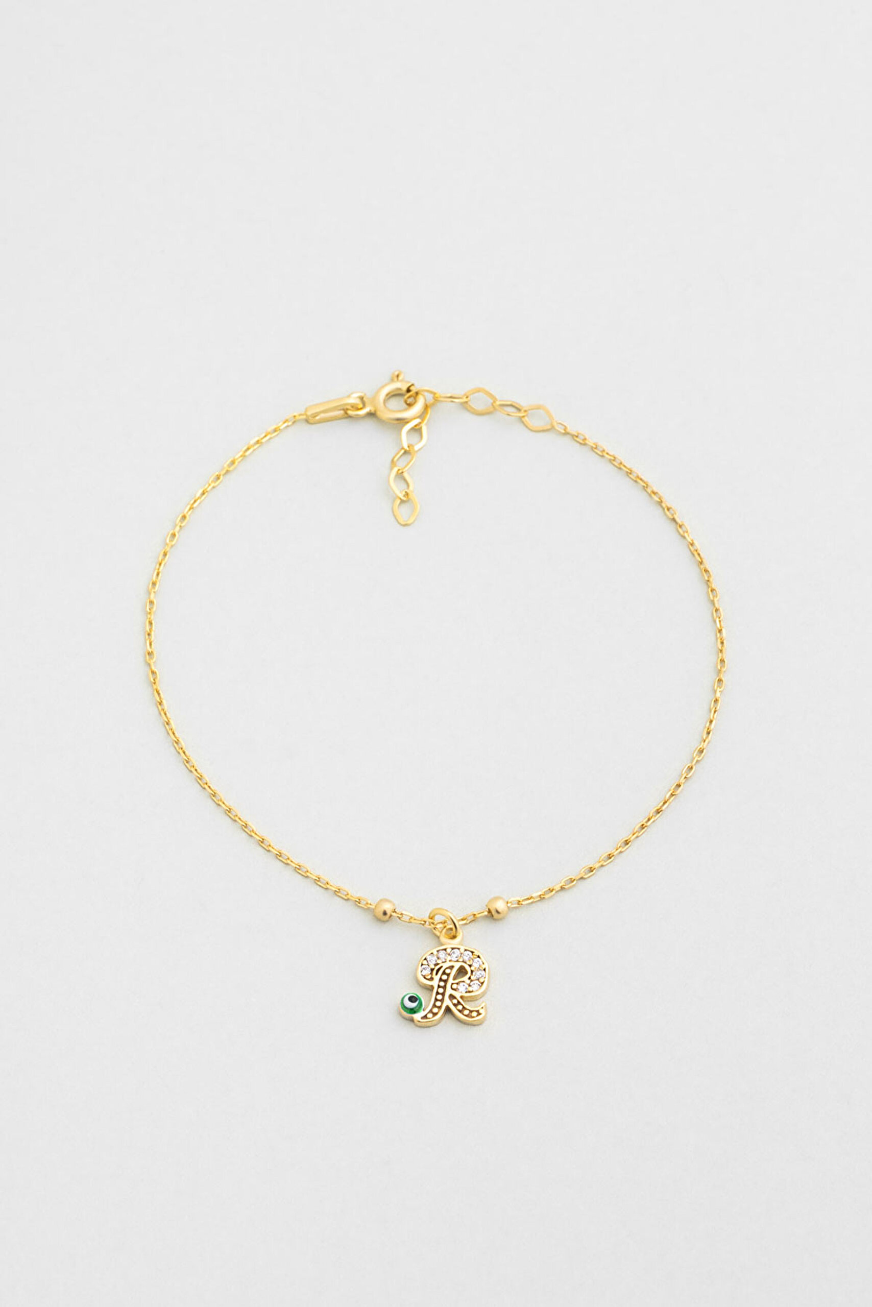 ⁠ R Harfi 18 Ayar Sarı Altın Kaplama 19 Cm Gümüş Nazar Bileklik_0}