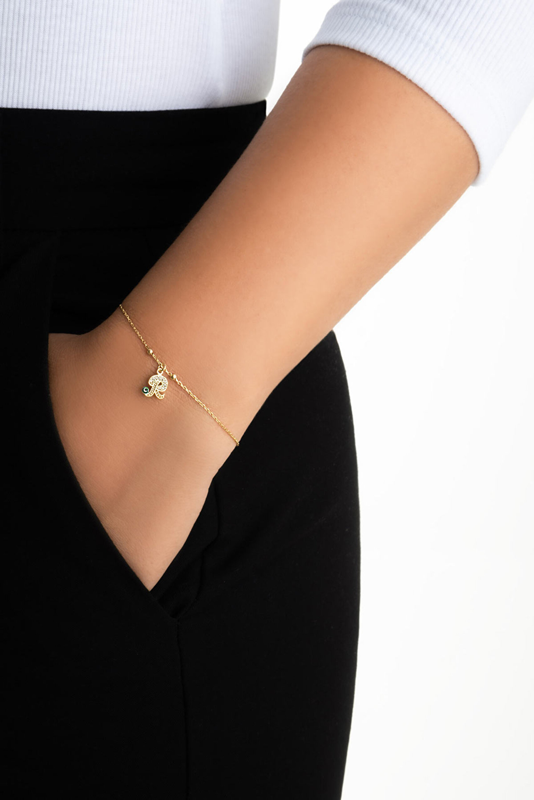 ⁠ R Harfi 18 Ayar Sarı Altın Kaplama 19 Cm Gümüş Nazar Bileklik_3}