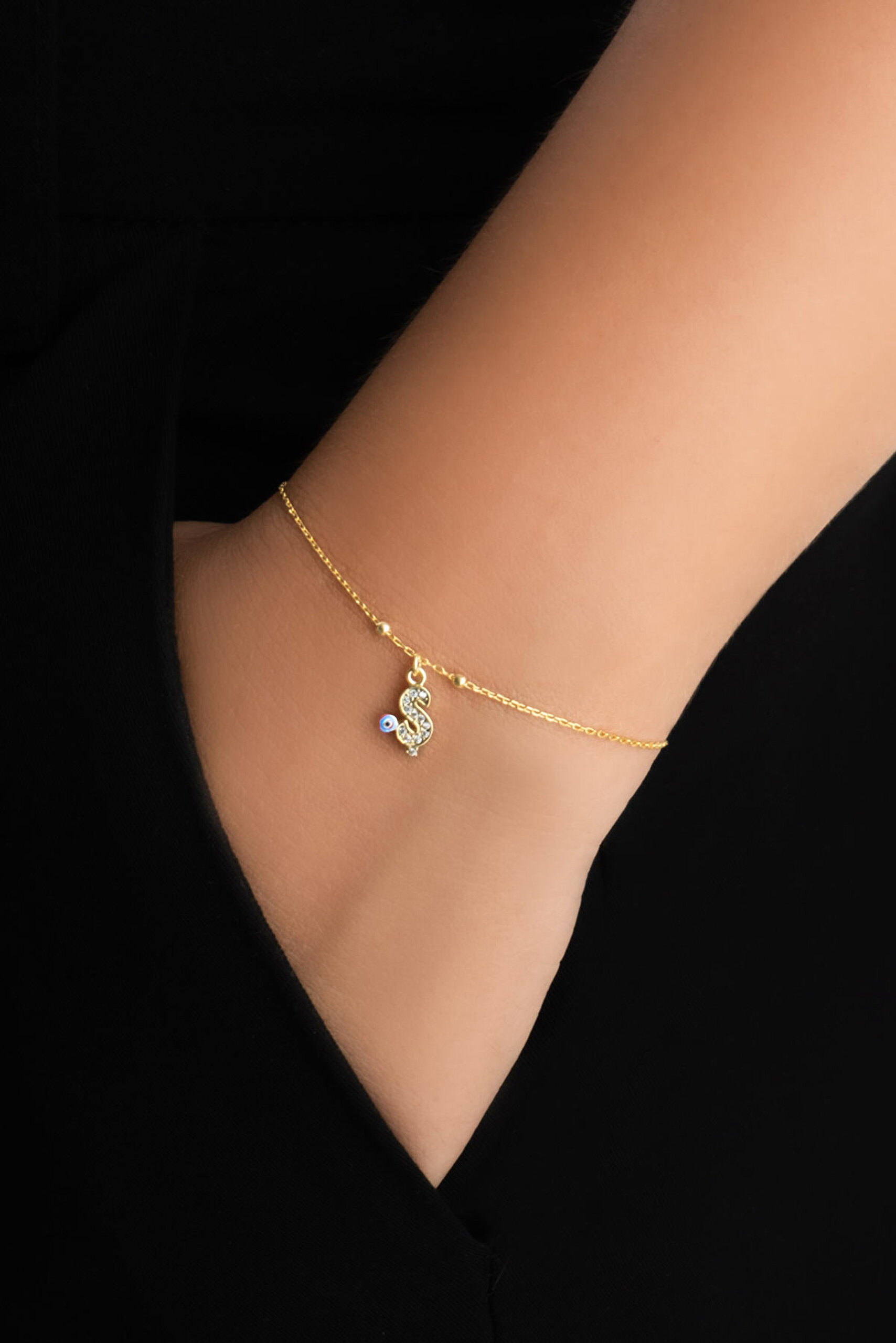 ⁠ Ş Harfi 18 Ayar Sarı Altın Kaplama 19 Cm Gümüş Nazar Bileklik_1}