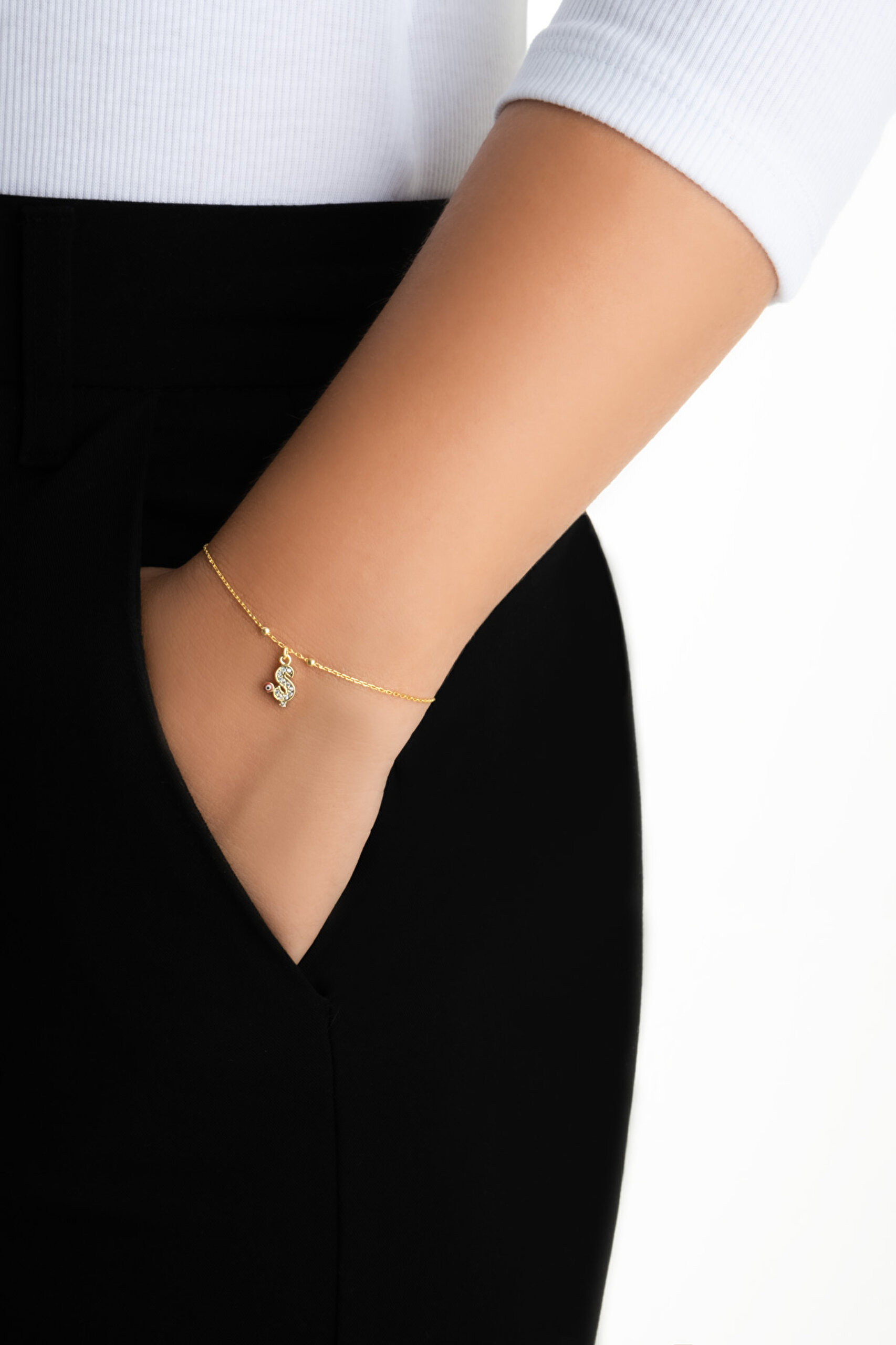 ⁠ Ş Harfi 18 Ayar Sarı Altın Kaplama 19 Cm Gümüş Nazar Bileklik_3}