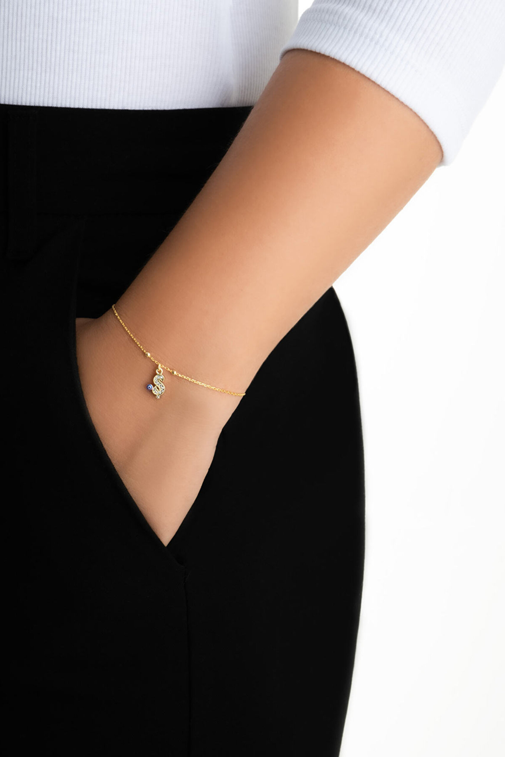 ⁠ Ş Harfi 18 Ayar Sarı Altın Kaplama 19 Cm Gümüş Nazar Bileklik_3}